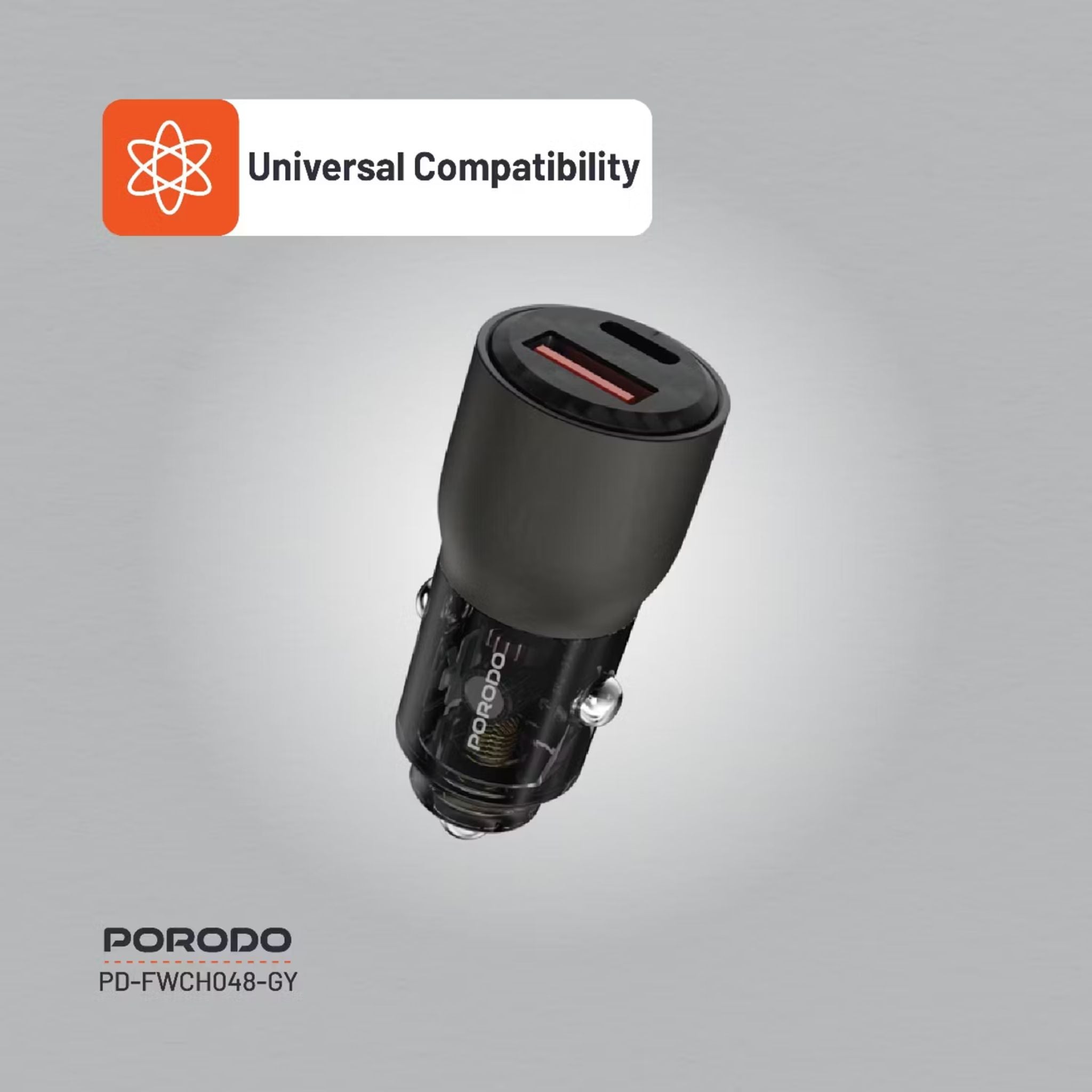 Porodo 95W Transparent Car Charger, Zinc Alloy & PC Material, 30W USB-A & 65W USB-C Outputs, Simultaneous Fast Charging, Universal Compatibility - Gray