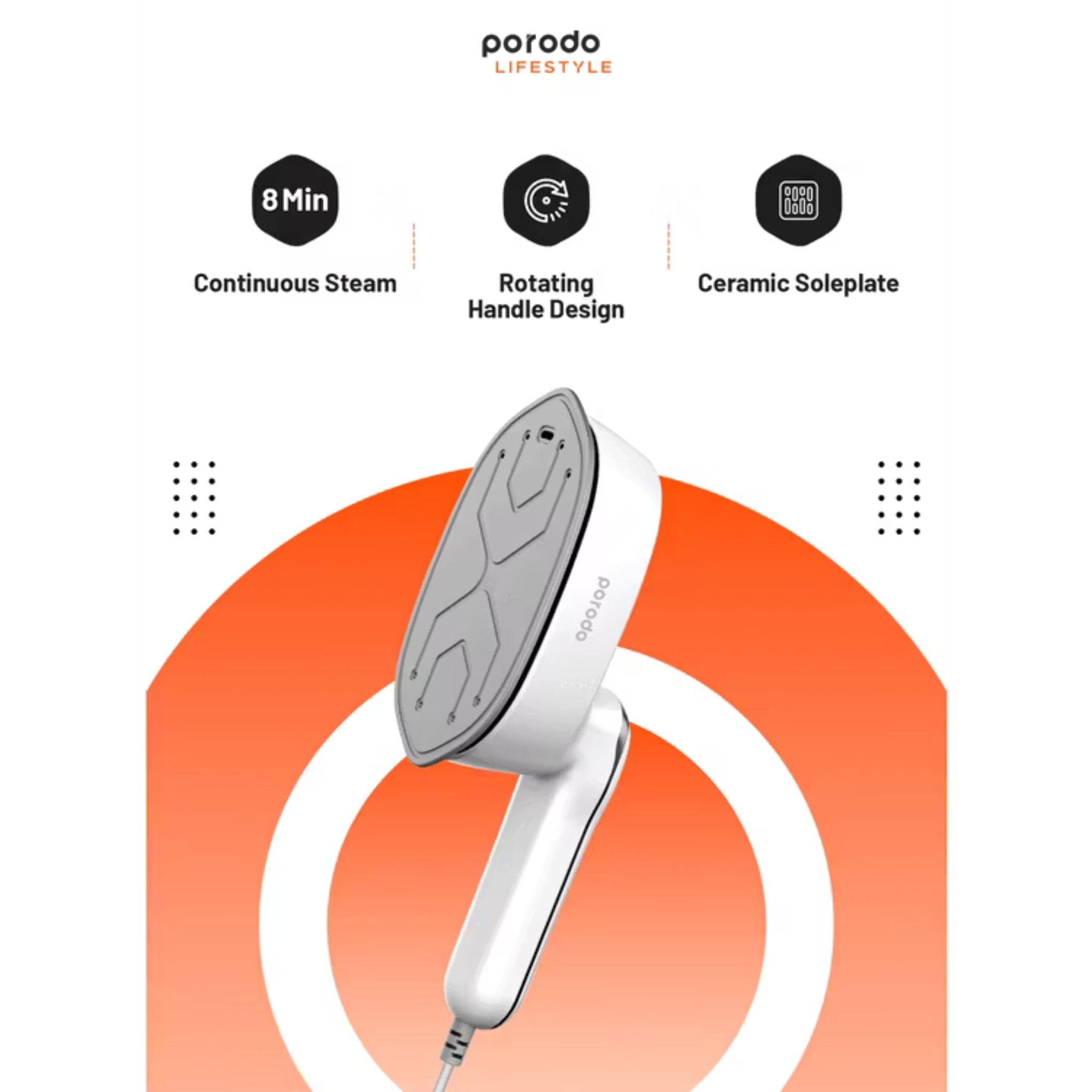 Porodo Compact Portable Steam & Heat Iron With Rotating Handle Patented Design with 120ML Water Tank Capacity, Ceramic Soleplate Handheld Steam Flat Iron Dry & Wet, Garment Steamer 1100W - White