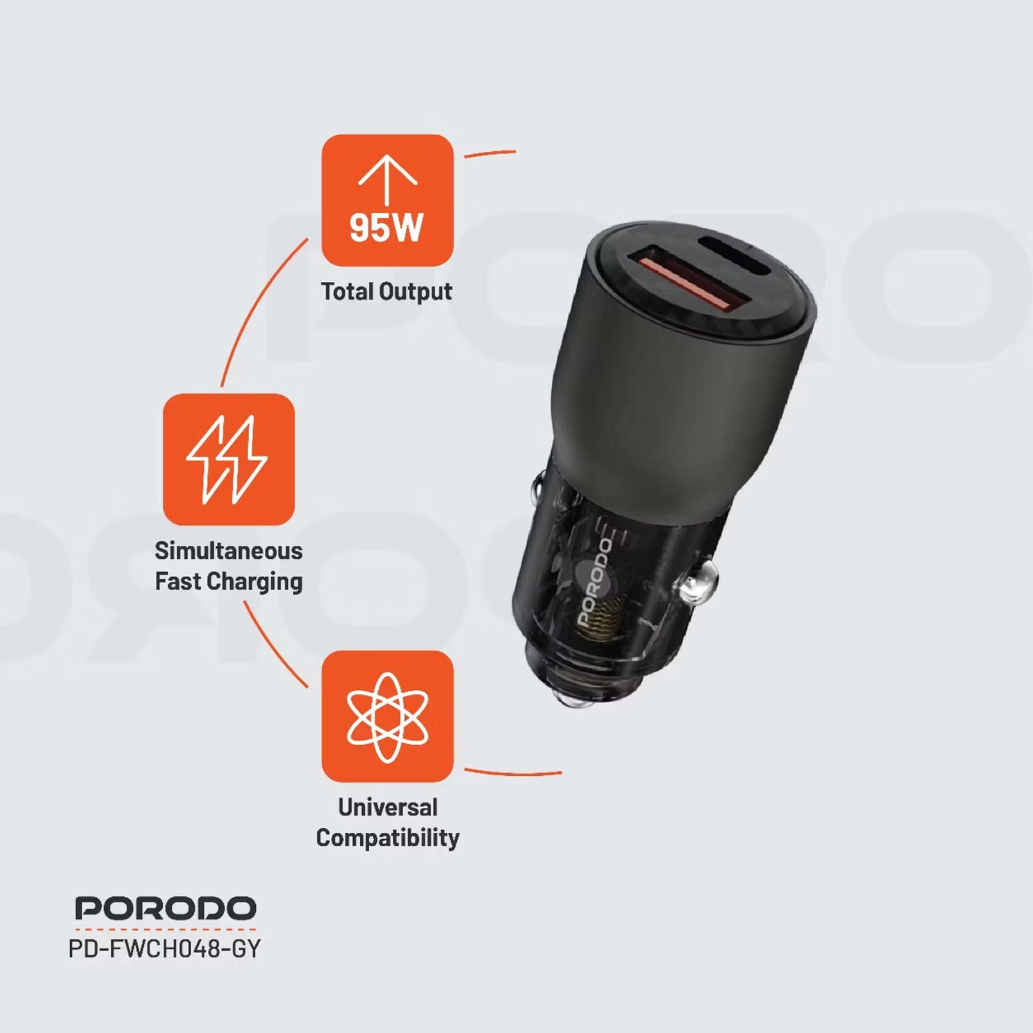Porodo 95W Transparent Car Charger, Zinc Alloy & PC Material, 30W USB-A & 65W USB-C Outputs, Simultaneous Fast Charging, Universal Compatibility - Gray