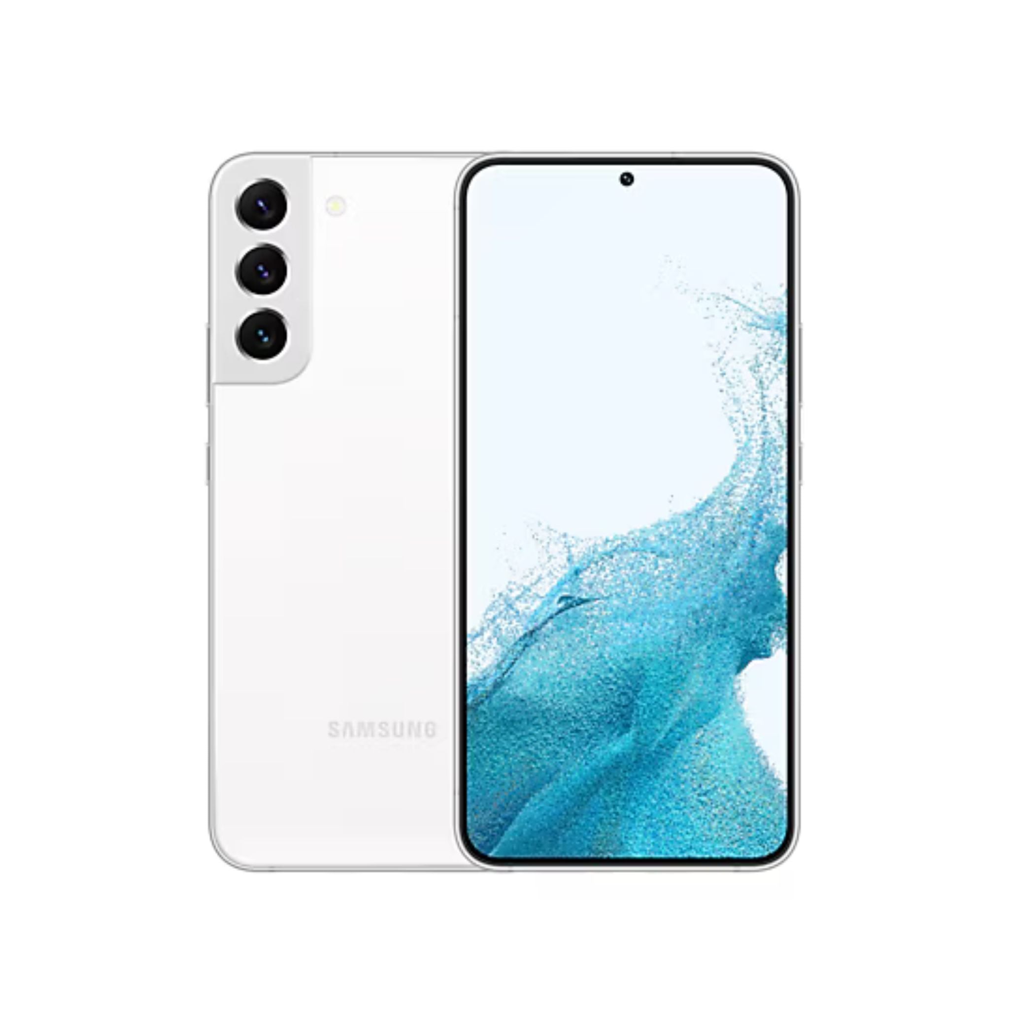 Samsung smartphone with a white back and blue screen on a white background