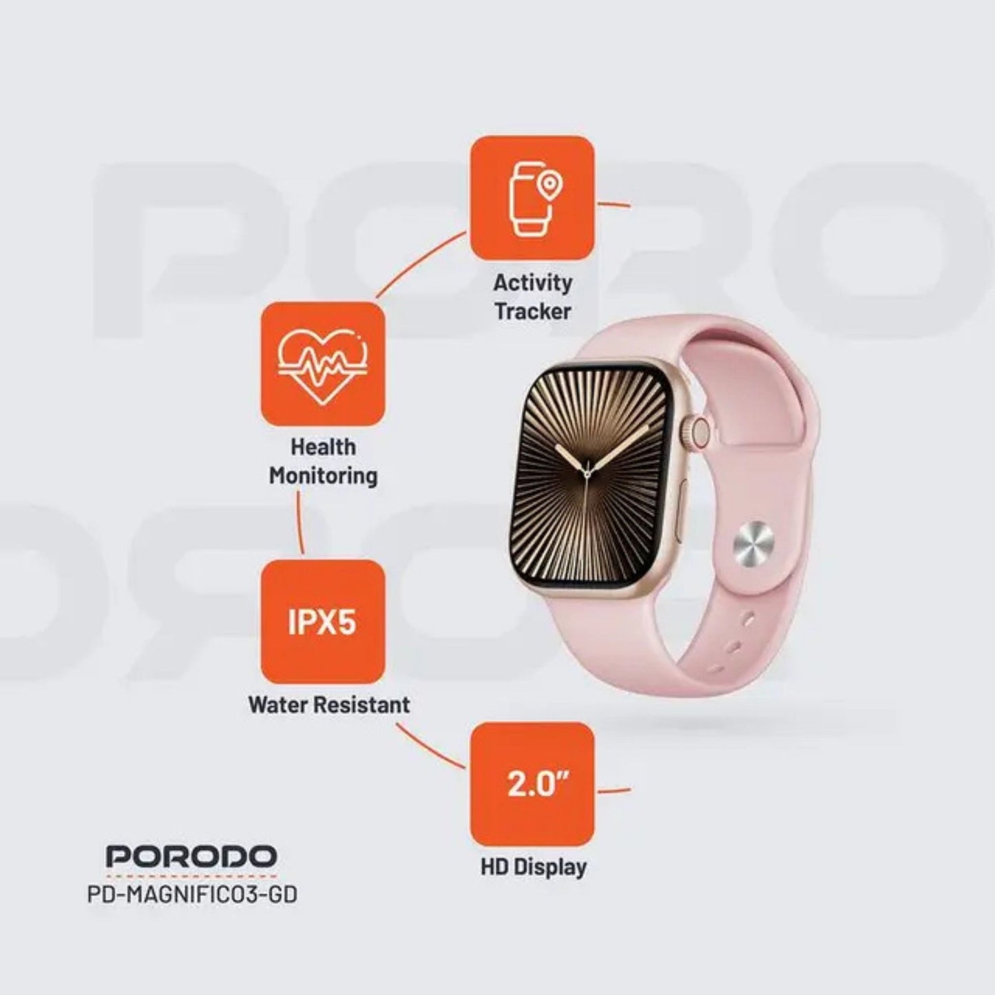 Porodo Magnifico3 Smart Watch with Dual Straps, Up to 5 Days of Working Time, Activity Tracker & Health Monitoring, Music Control, Apps Notification, Camera Shutter, Multiple Sports Mode - Gold