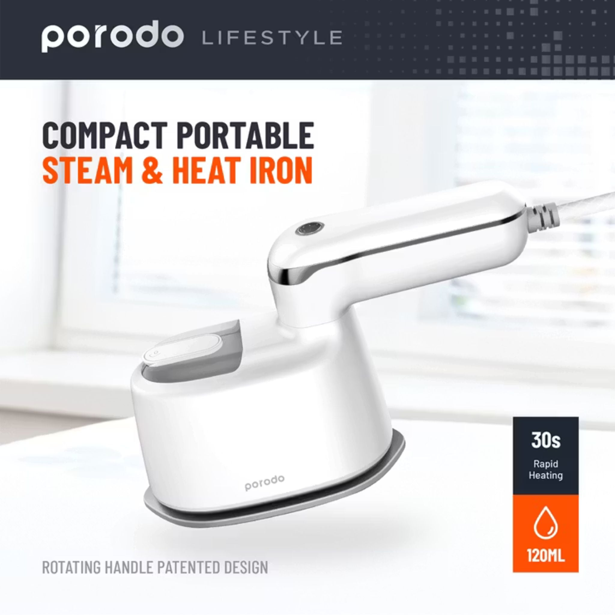 Porodo Compact Portable Steam & Heat Iron With Rotating Handle Patented Design with 120ML Water Tank Capacity, Ceramic Soleplate Handheld Steam Flat Iron Dry & Wet, Garment Steamer 1100W - White