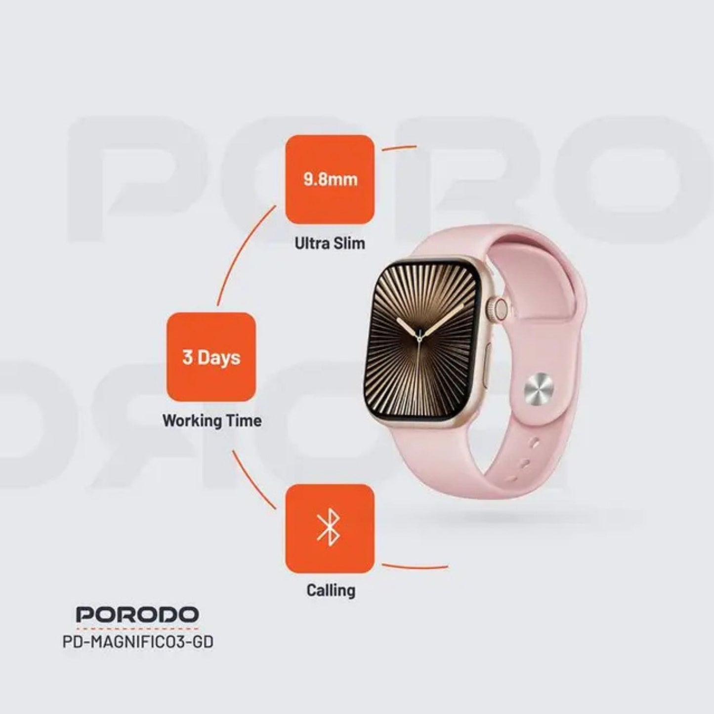 Porodo Magnifico3 Smart Watch with Dual Straps, Up to 5 Days of Working Time, Activity Tracker & Health Monitoring, Music Control, Apps Notification, Camera Shutter, Multiple Sports Mode - Gold