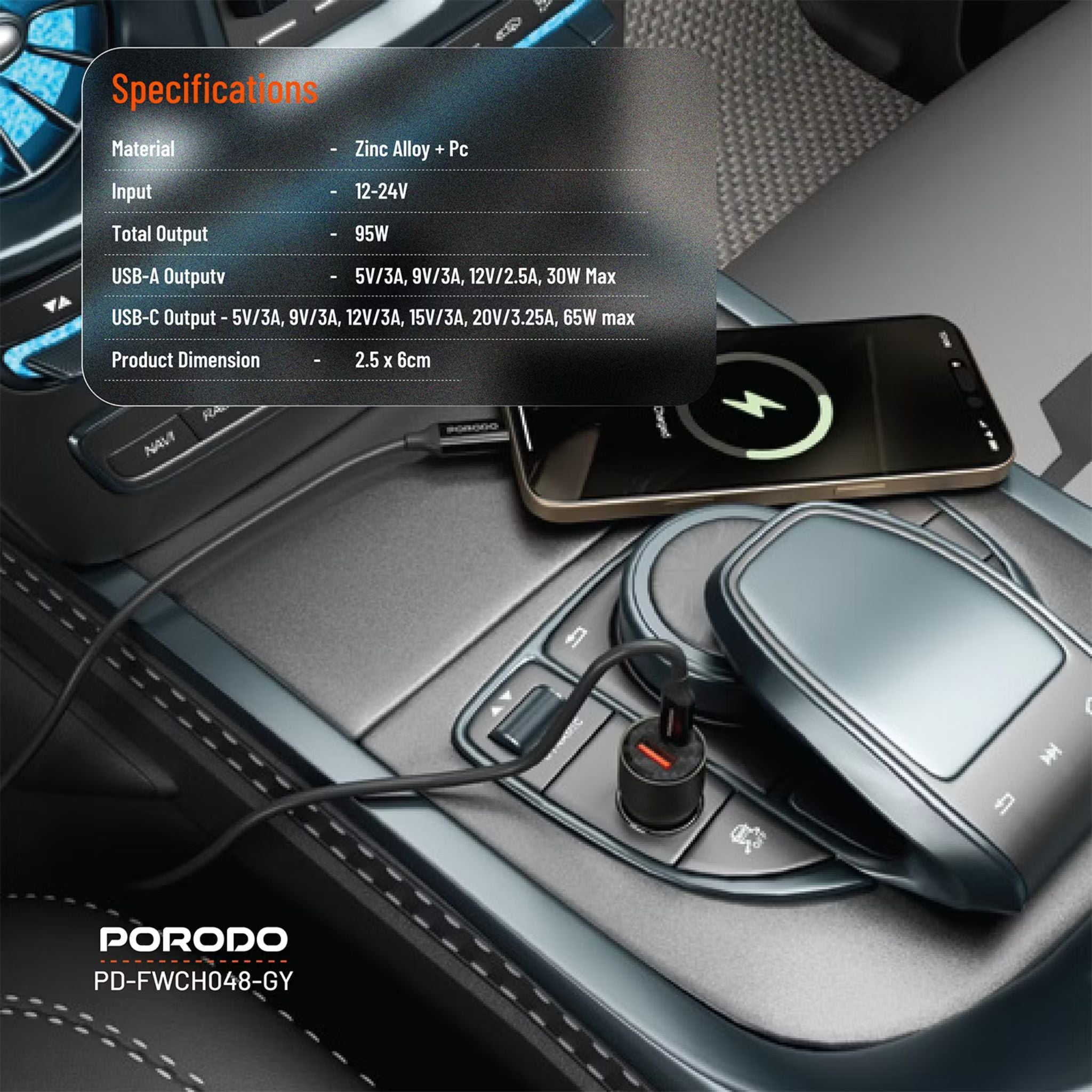 Porodo 95W Transparent Car Charger, Zinc Alloy & PC Material, 30W USB-A & 65W USB-C Outputs, Simultaneous Fast Charging, Universal Compatibility - Gray