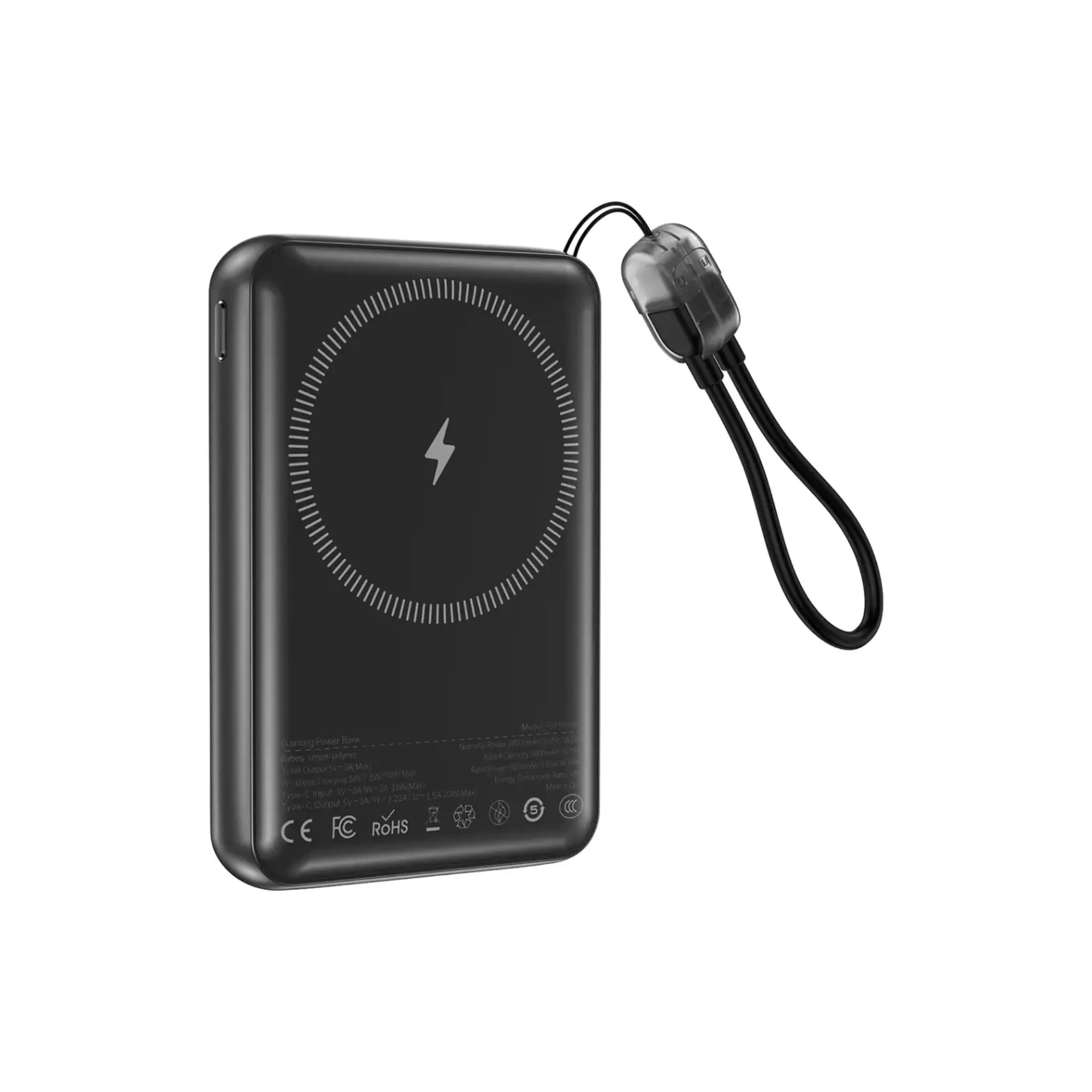 Porodo Arcadevolt 10000mAh MagSafe Power Bank with Built-in Console, +100 Classic Games, PD 20W, 2.8" HD Display, Type-C Lanyard Cable - Black