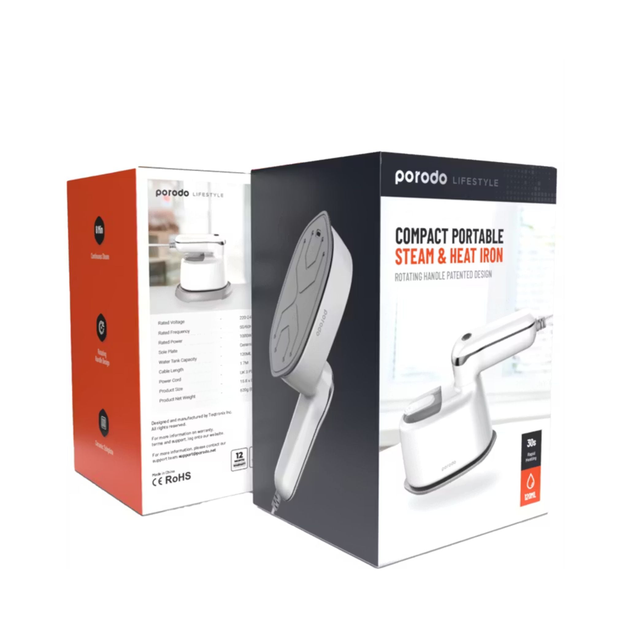 Porodo Compact Portable Steam & Heat Iron With Rotating Handle Patented Design with 120ML Water Tank Capacity, Ceramic Soleplate Handheld Steam Flat Iron Dry & Wet, Garment Steamer 1100W - White