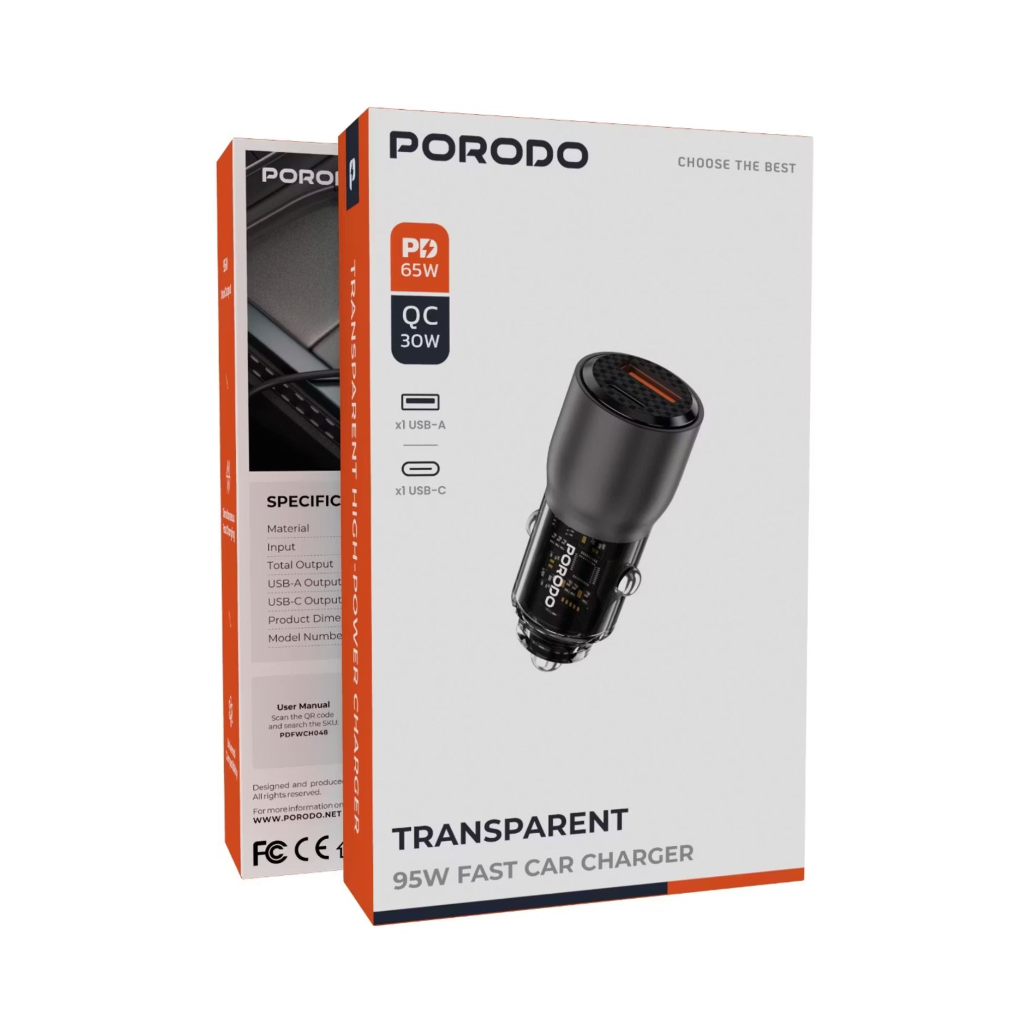 Porodo 95W Transparent Car Charger, Zinc Alloy & PC Material, 30W USB-A & 65W USB-C Outputs, Simultaneous Fast Charging, Universal Compatibility - Gray