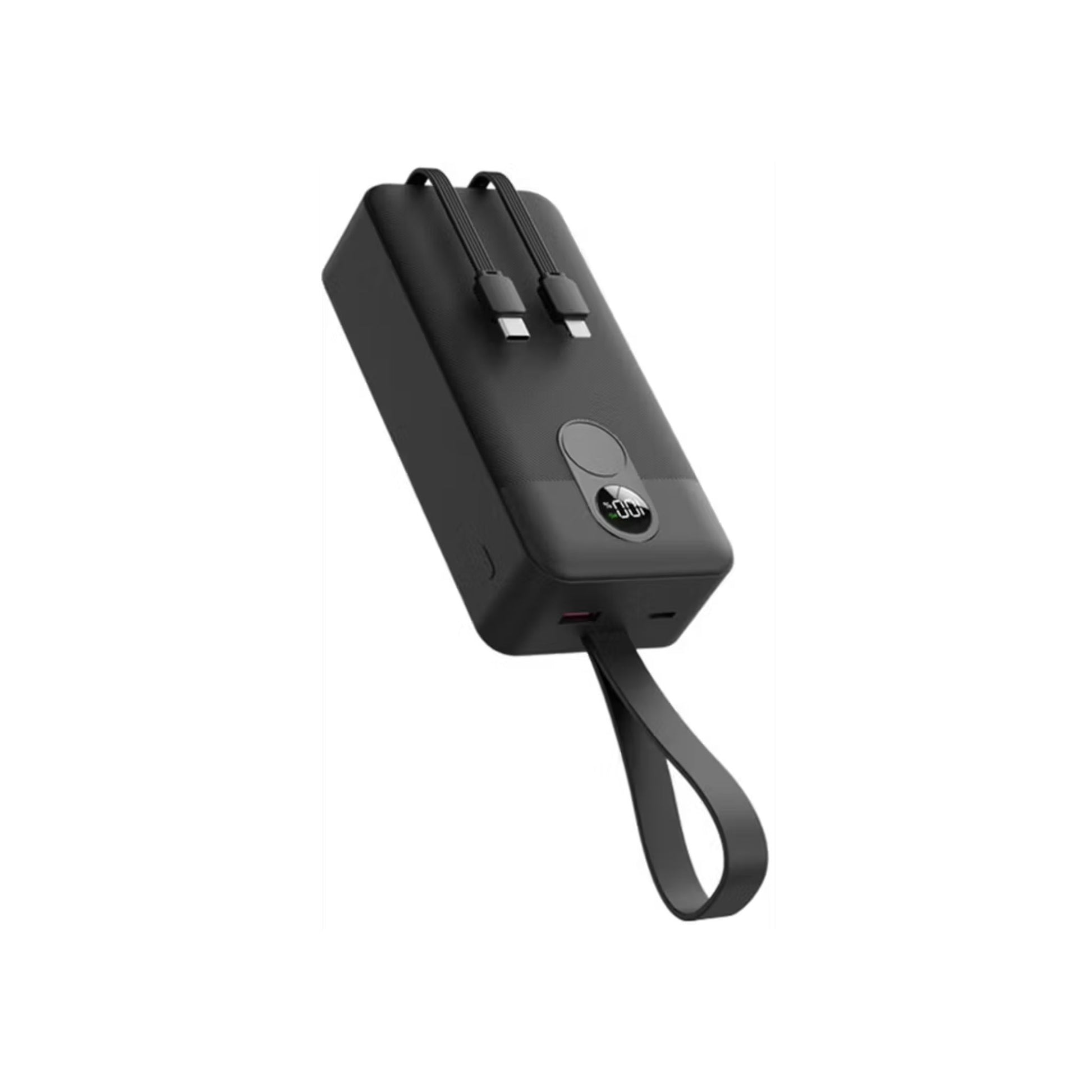 Black electronic device with a strap on a white background