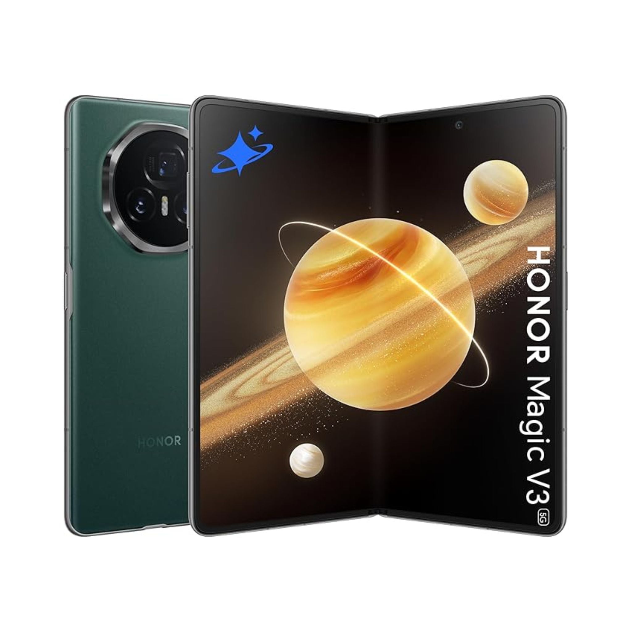 Honor Magic V3 smartphone with space-themed design on a white background