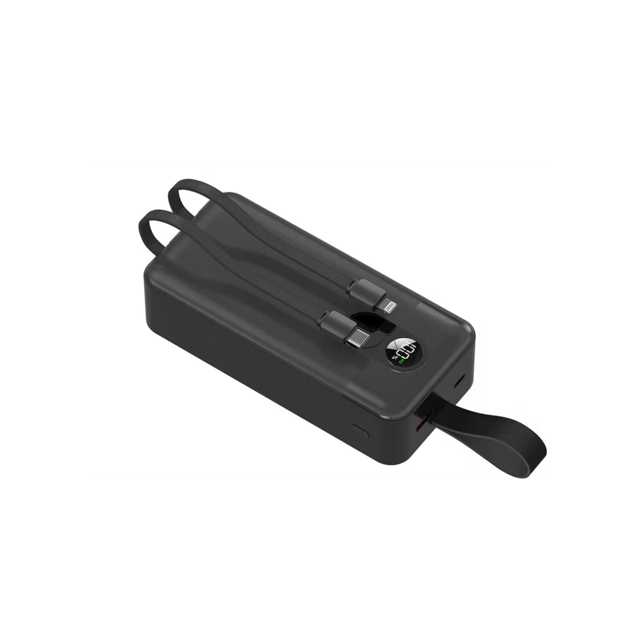 Porodo 30000mAh Power Bank with Built-in Type-C & Lightning Cables, 22.5W Power Delivery, Simultaneous Charging, 0%-60% Charge in 35 Minutes, Digital Display - Black
