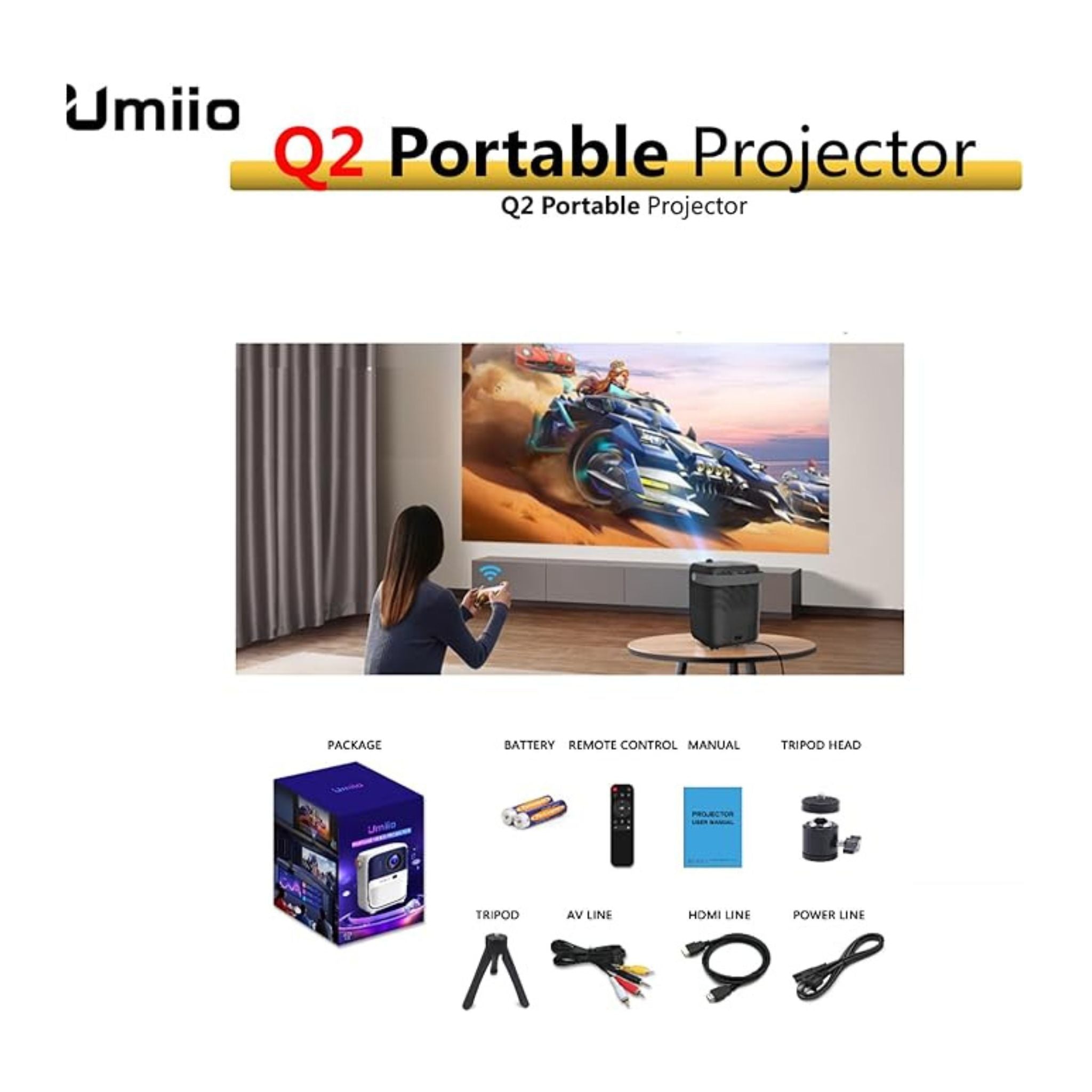 Umiio Q2 Android HDMI Video Laser Projector 5G WiFi Android , Bluetooth, FHD Resolution, 5M Projection Distance, Portable Outdoor Movie Projector for Home Cinema, Parties, and More