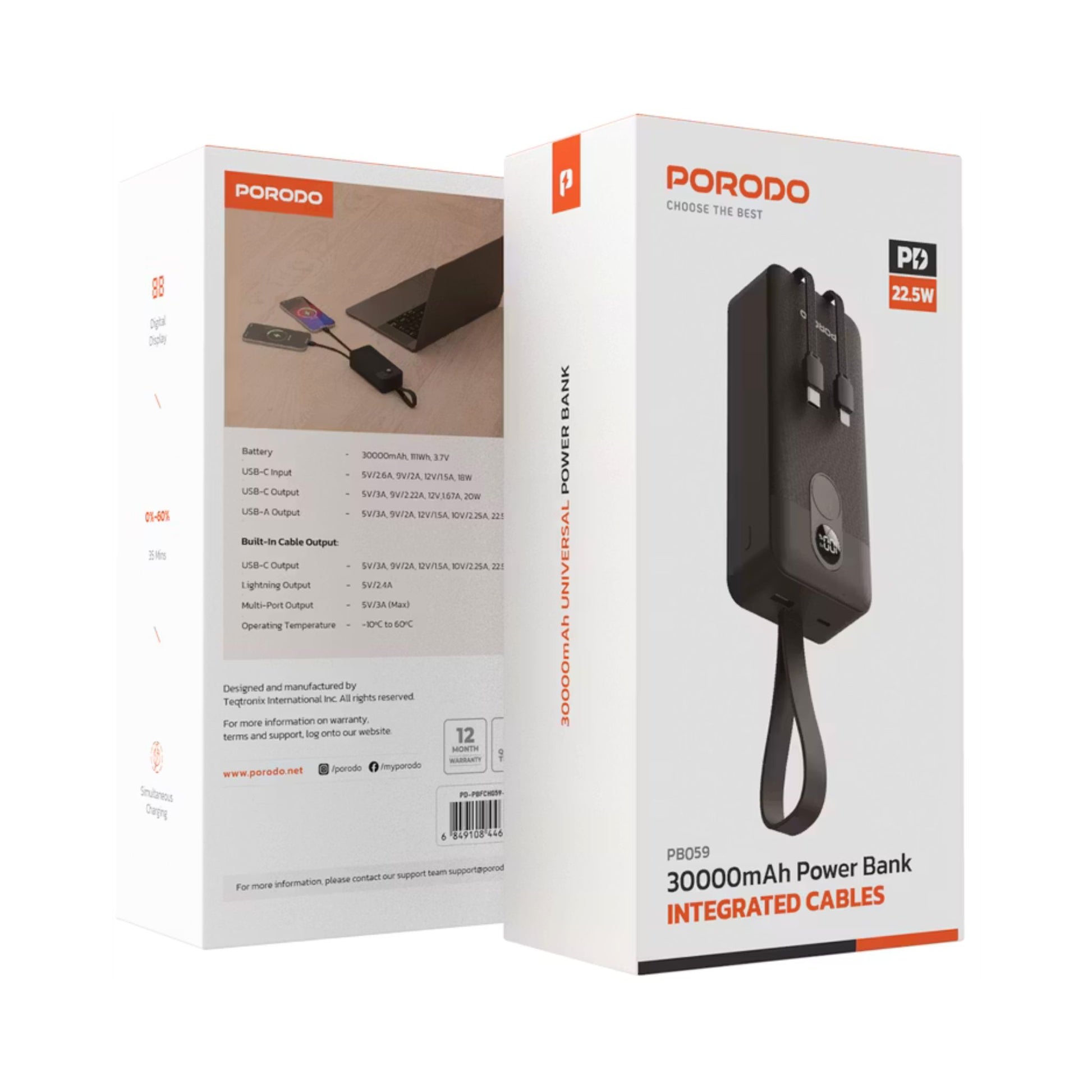 Porodo power bank packaging with front and back views on a white background