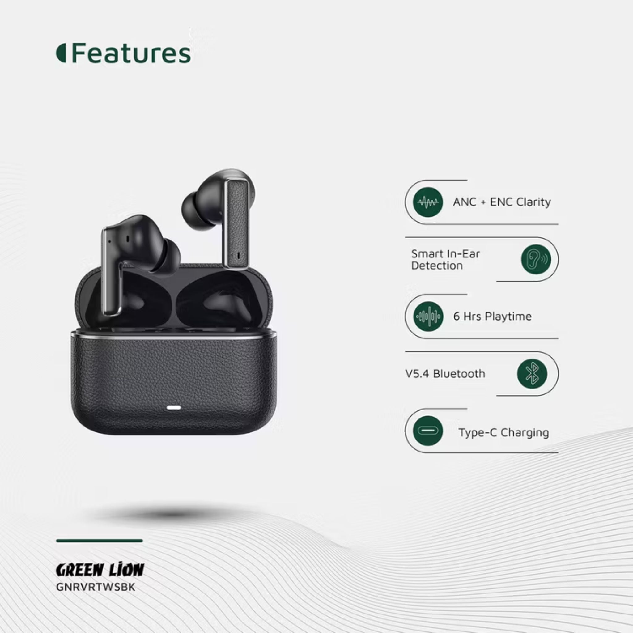Green Lion River True Wireless Earbuds with ANC + ENC Clarity, Up to 7 Hours of Playtime, Smart in-Ear Detection, Bluetooth Version 5.4, -42dB Noise Reduction, 35 Hours Standby Time