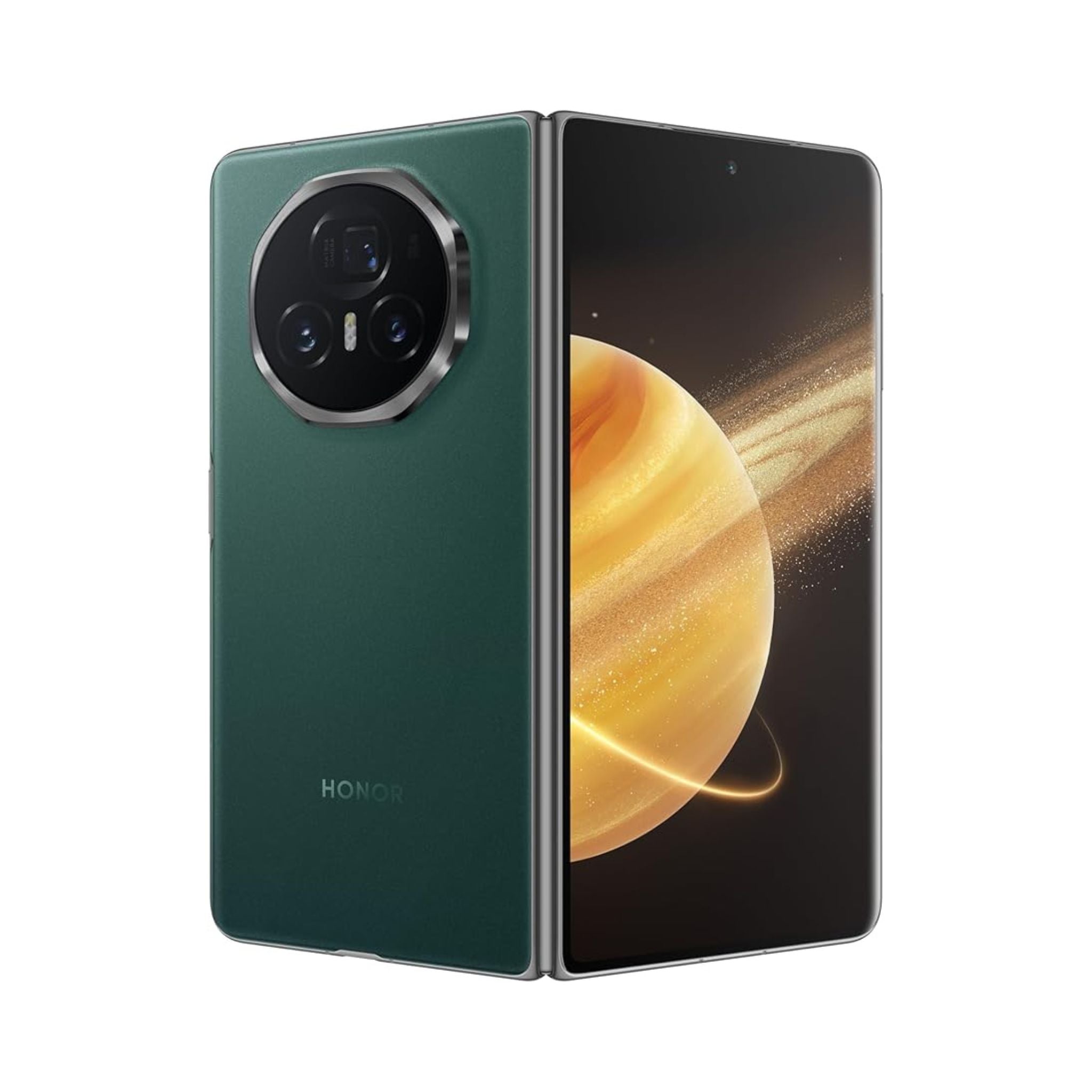 Smartphone with green back and planet display on screen, brand 'HONOR' visible