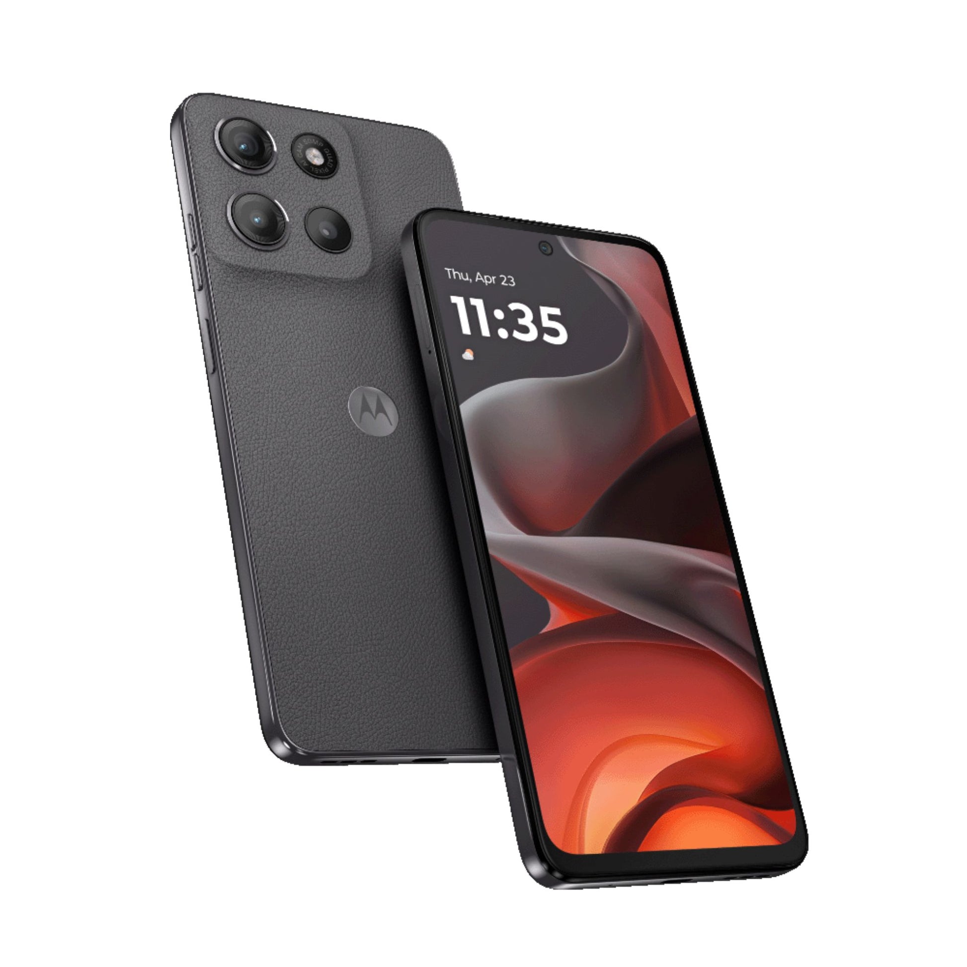 Black smartphone showing front and back on a white background