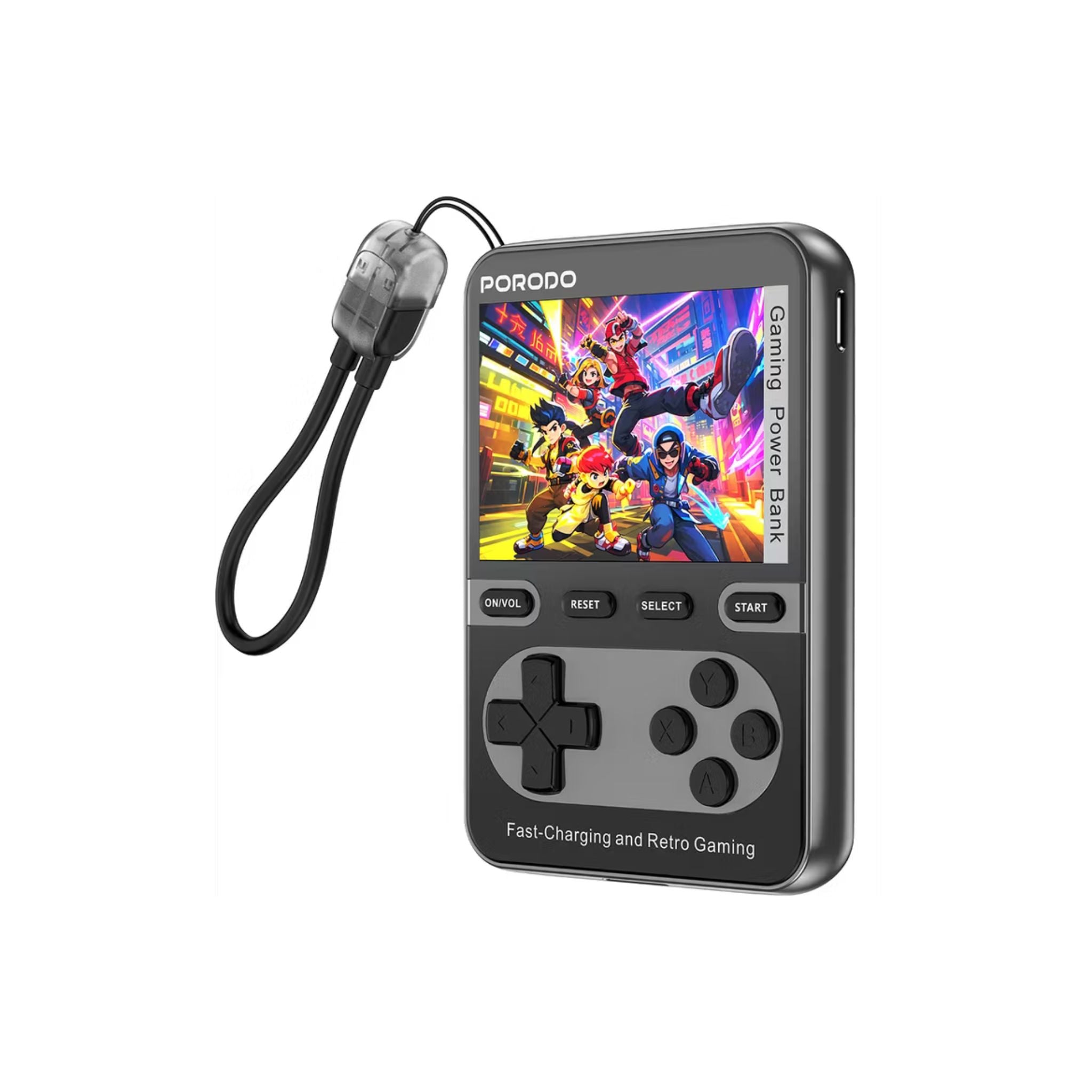Porodo Arcadevolt 10000mAh MagSafe Power Bank with Built-in Console, +100 Classic Games, PD 20W, 2.8" HD Display, Type-C Lanyard Cable - Black