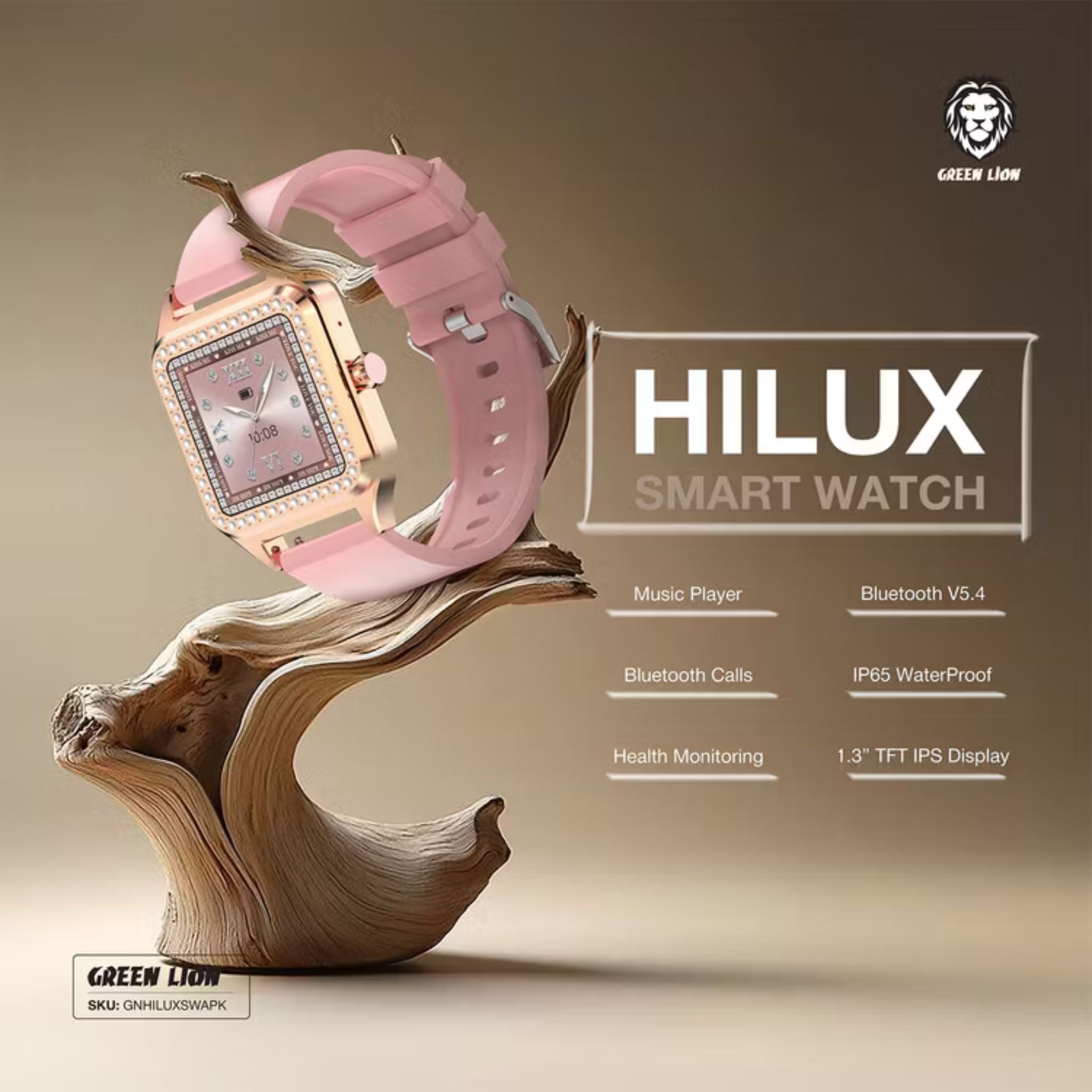 Green Lion Hilux Smart Watch with Extra Strap, 1.3" TFT IPS Display, 2-4 Days Working Time, 450nits Brightness, Sport Modes & Activity Tracking, Health Monitoring, 150mAh Battery, Bluetooth Version 5.4 - Pink