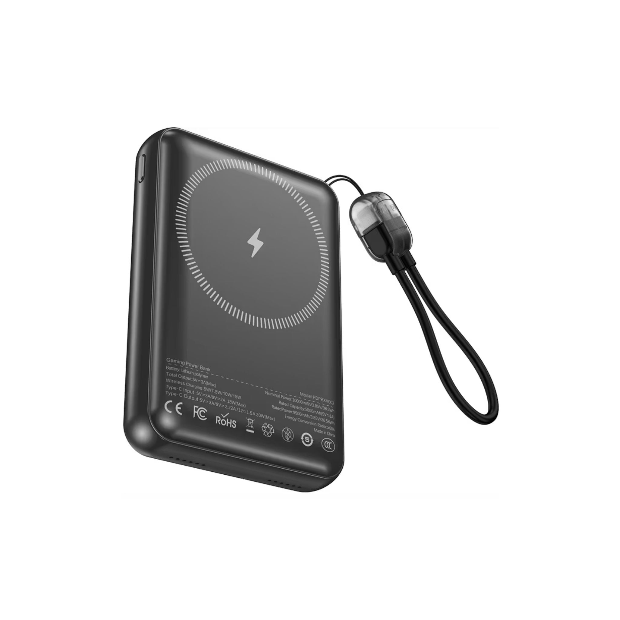 Porodo Arcadevolt 10000mAh MagSafe Power Bank with Built-in Console, +100 Classic Games, PD 20W, 2.8" HD Display, Type-C Lanyard Cable - Black