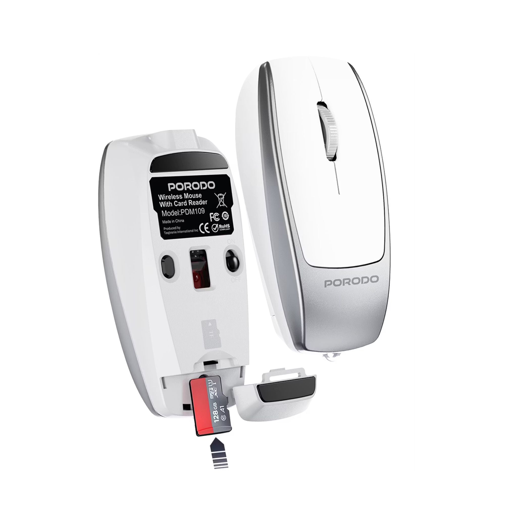 Porodo 1600DPI Wireless Mouse with Card Reader, 120mAh Battery, ABS Material, Bluetooth Version 5.1, 10m Working Distance, Silent Efficient Performance, Plug & Play - Silver