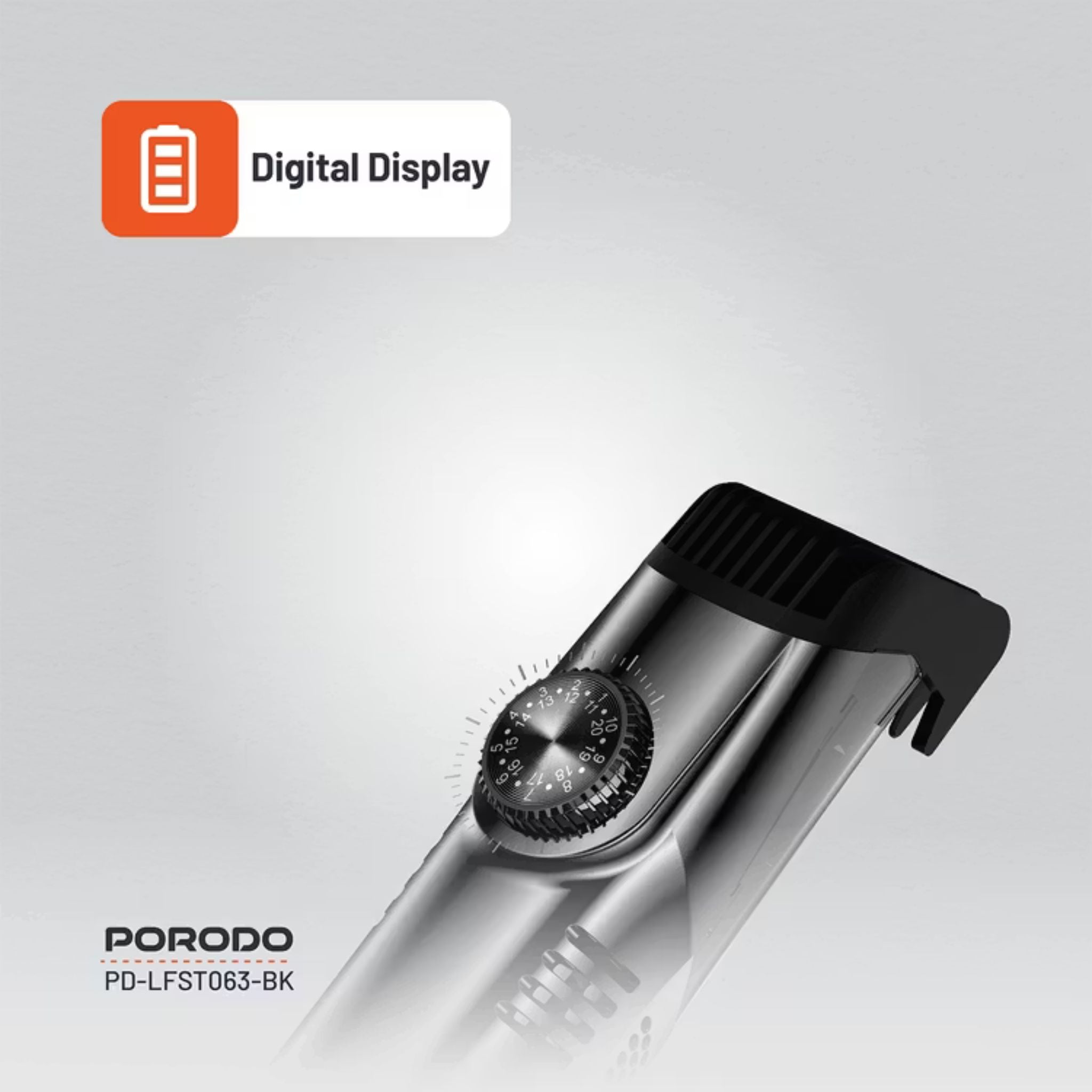 Porodo Air Suction Beard & Body Trimmer, 90 Minutes Working Time , 3 Hours Recharge Time, Type-C Charging Port, Digital Display, Washable, IPX6 Waterproof Rating, 1400mAh Battery - Gray / Black