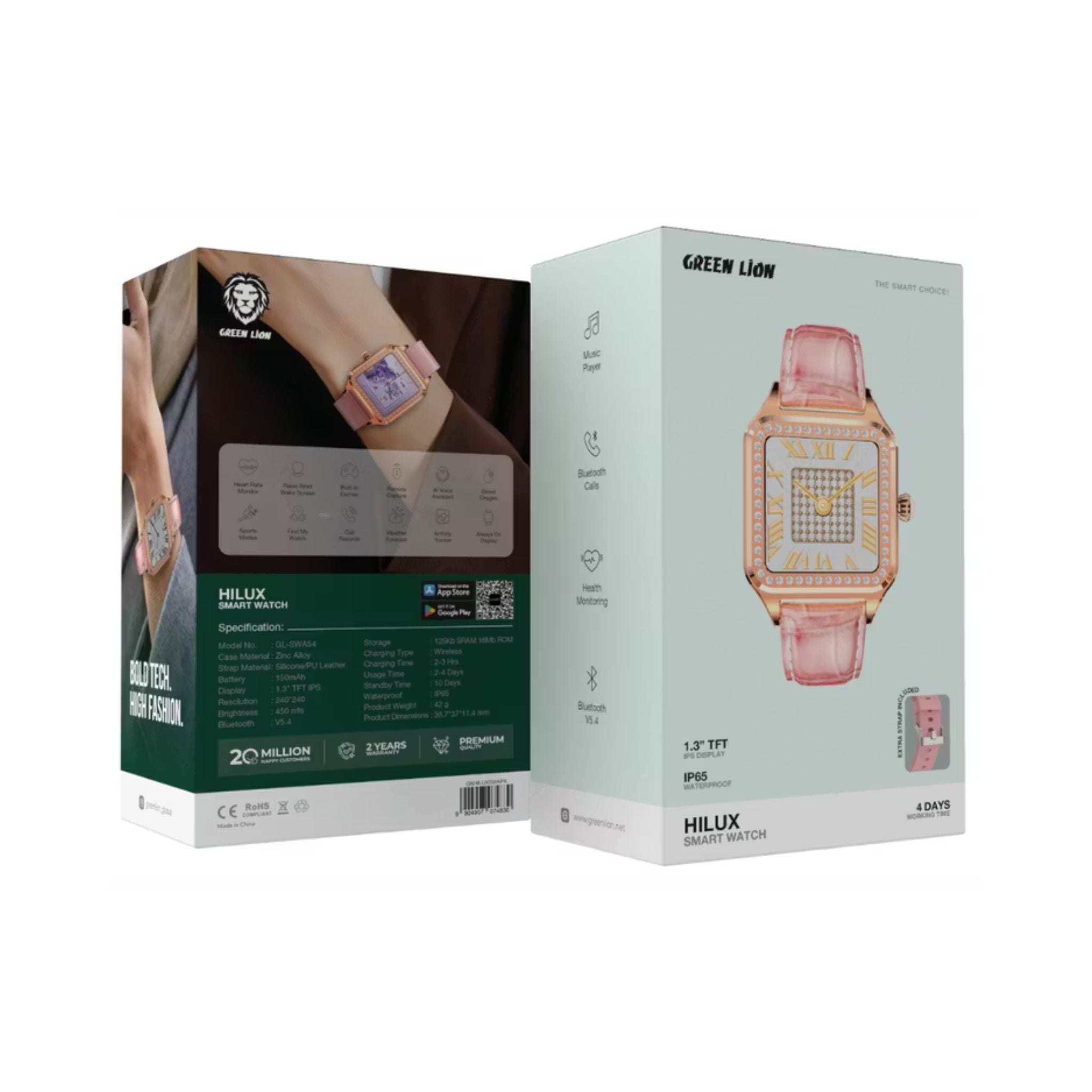 Green Lion Hilux Smart Watch with Extra Strap, 1.3" TFT IPS Display, 2-4 Days Working Time, 450nits Brightness, Sport Modes & Activity Tracking, Health Monitoring, 150mAh Battery, Bluetooth Version 5.4 - Pink