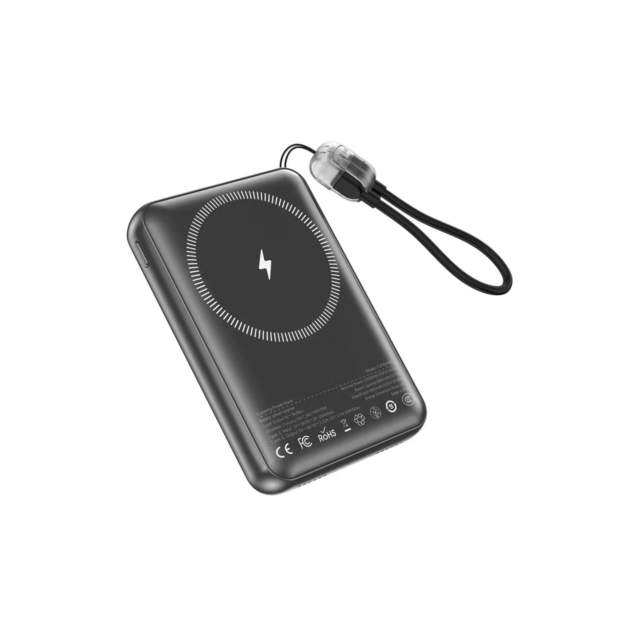 Porodo Arcadevolt 10000mAh MagSafe Power Bank with Built-in Console, +100 Classic Games, PD 20W, 2.8" HD Display, Type-C Lanyard Cable - Black