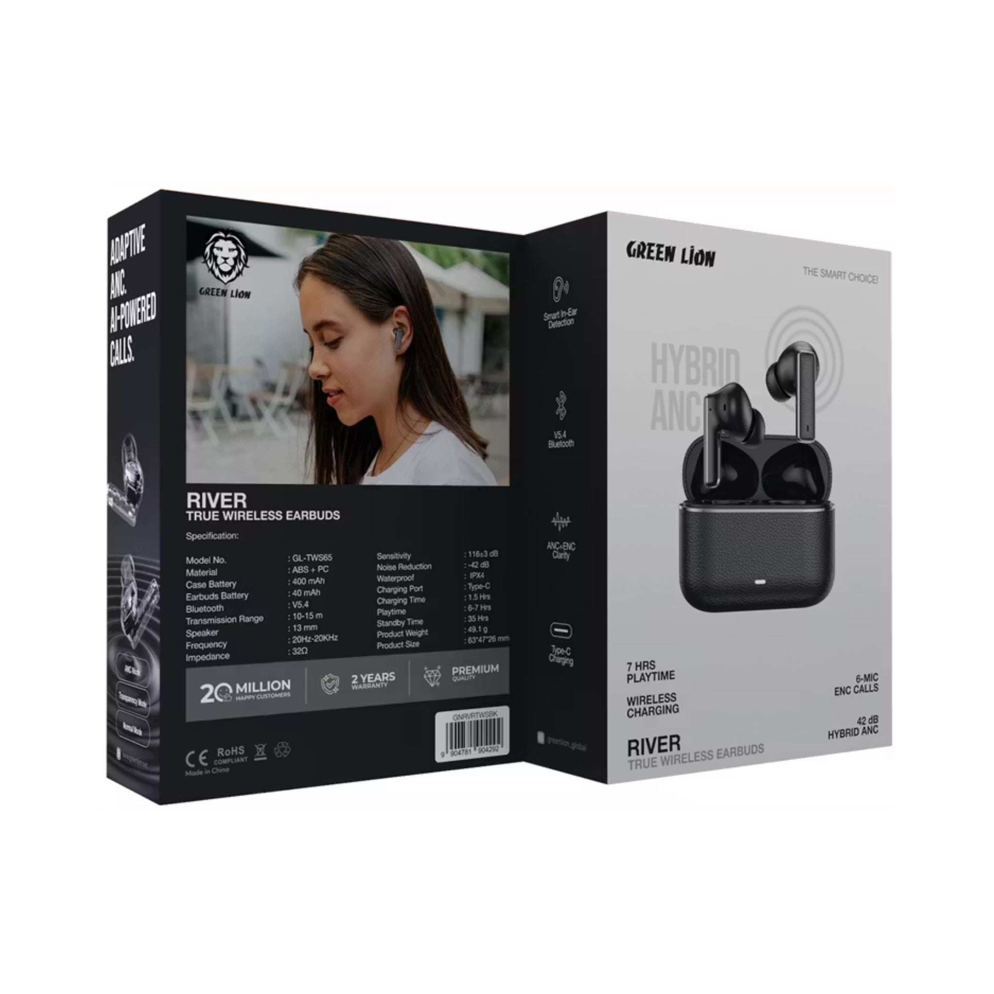 Green Lion River True Wireless Earbuds with ANC + ENC Clarity, Up to 7 Hours of Playtime, Smart in-Ear Detection, Bluetooth Version 5.4, -42dB Noise Reduction, 35 Hours Standby Time