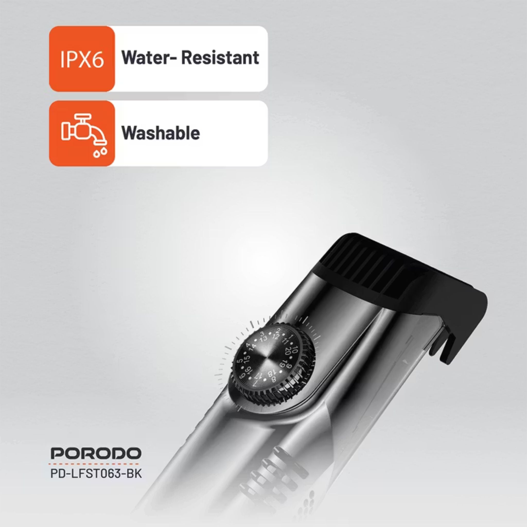Porodo Air Suction Beard & Body Trimmer, 90 Minutes Working Time , 3 Hours Recharge Time, Type-C Charging Port, Digital Display, Washable, IPX6 Waterproof Rating, 1400mAh Battery - Gray / Black