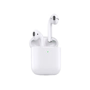 A pair of white Porodo Deep Bass Wireless Earbuds inside a charging case.