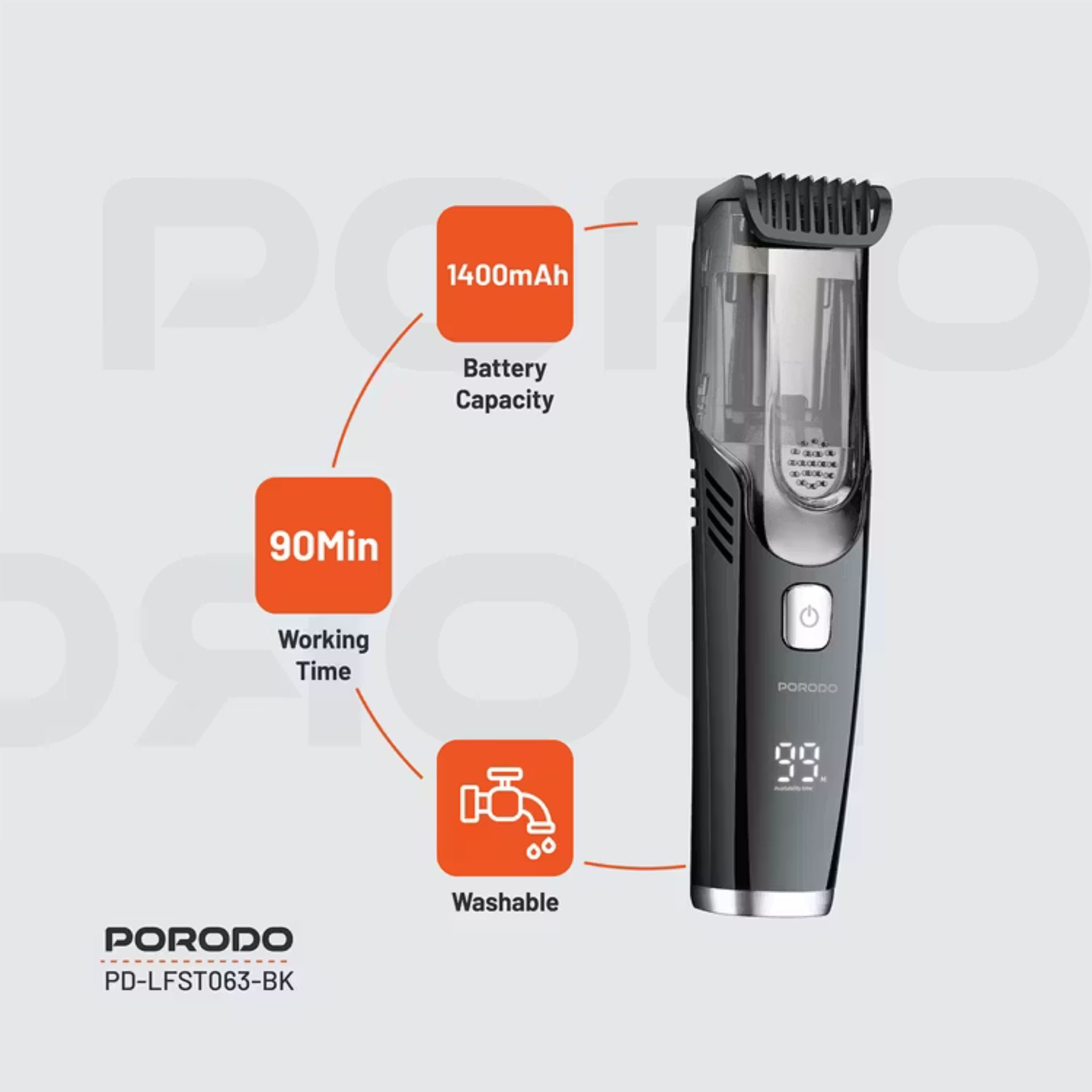 Porodo Air Suction Beard & Body Trimmer, 90 Minutes Working Time , 3 Hours Recharge Time, Type-C Charging Port, Digital Display, Washable, IPX6 Waterproof Rating, 1400mAh Battery - Gray / Black