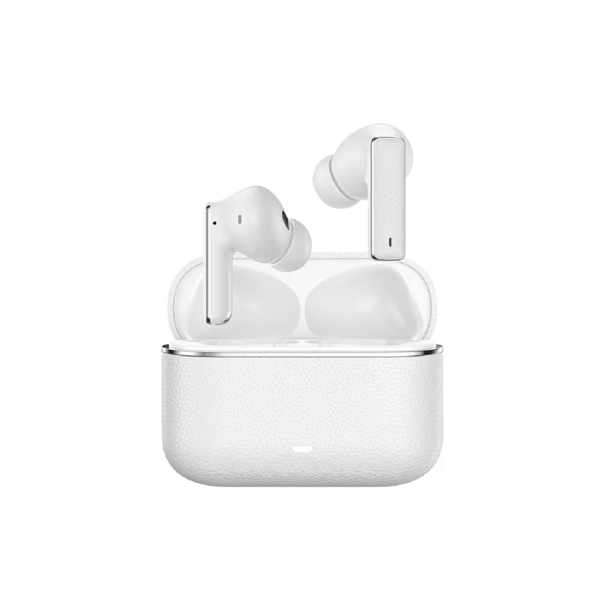White wireless earbuds with charging case on a white background