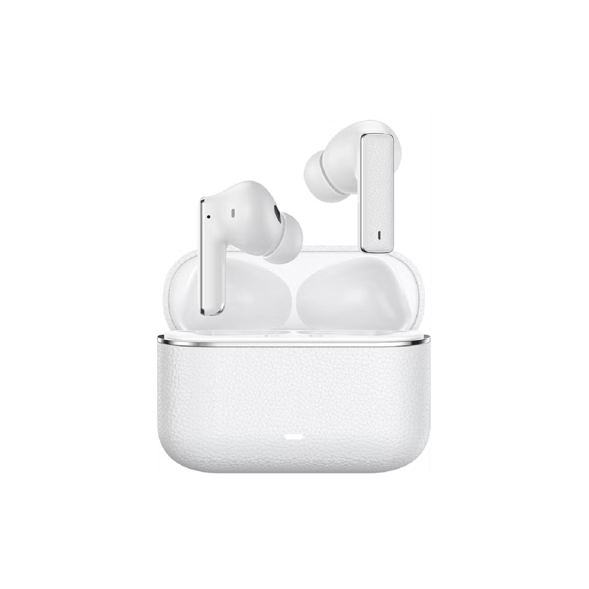 White wireless earbuds with charging case on a white background