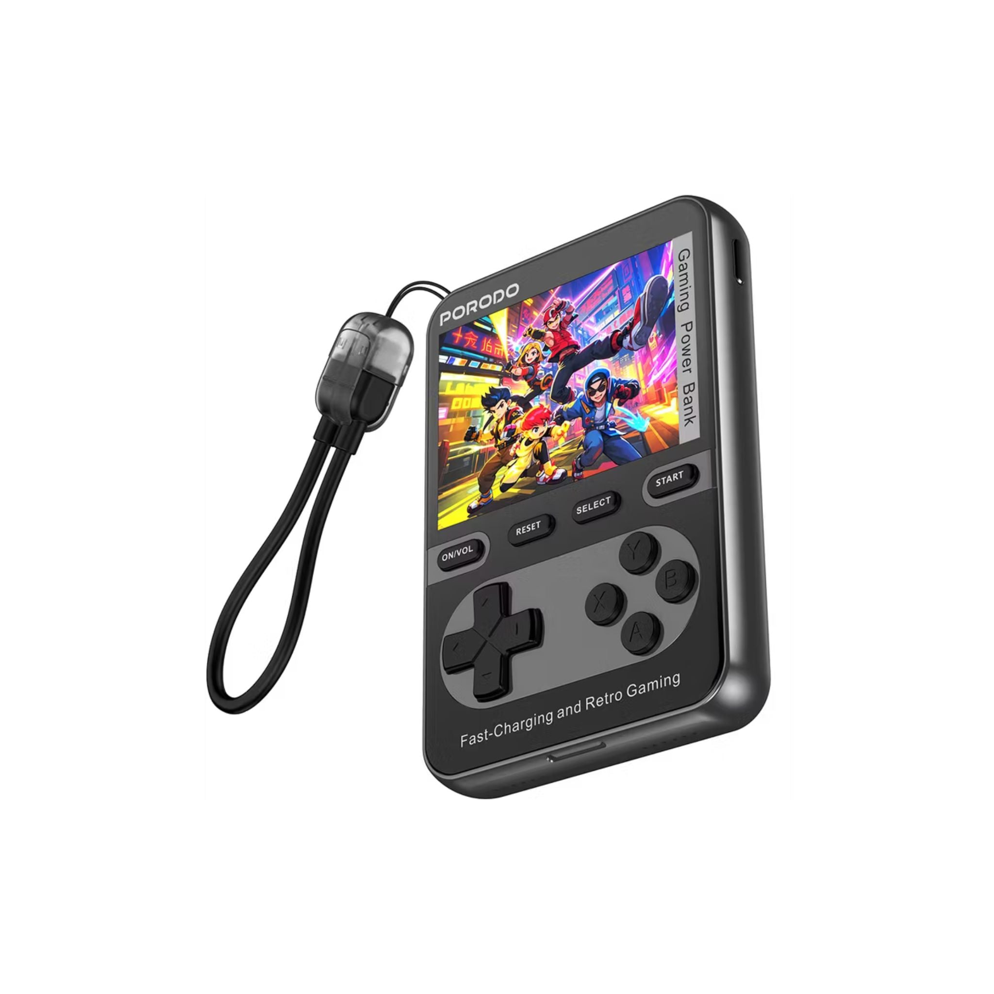 Porodo Arcadevolt 10000mAh MagSafe Power Bank with Built-in Console, +100 Classic Games, PD 20W, 2.8" HD Display, Type-C Lanyard Cable - Black