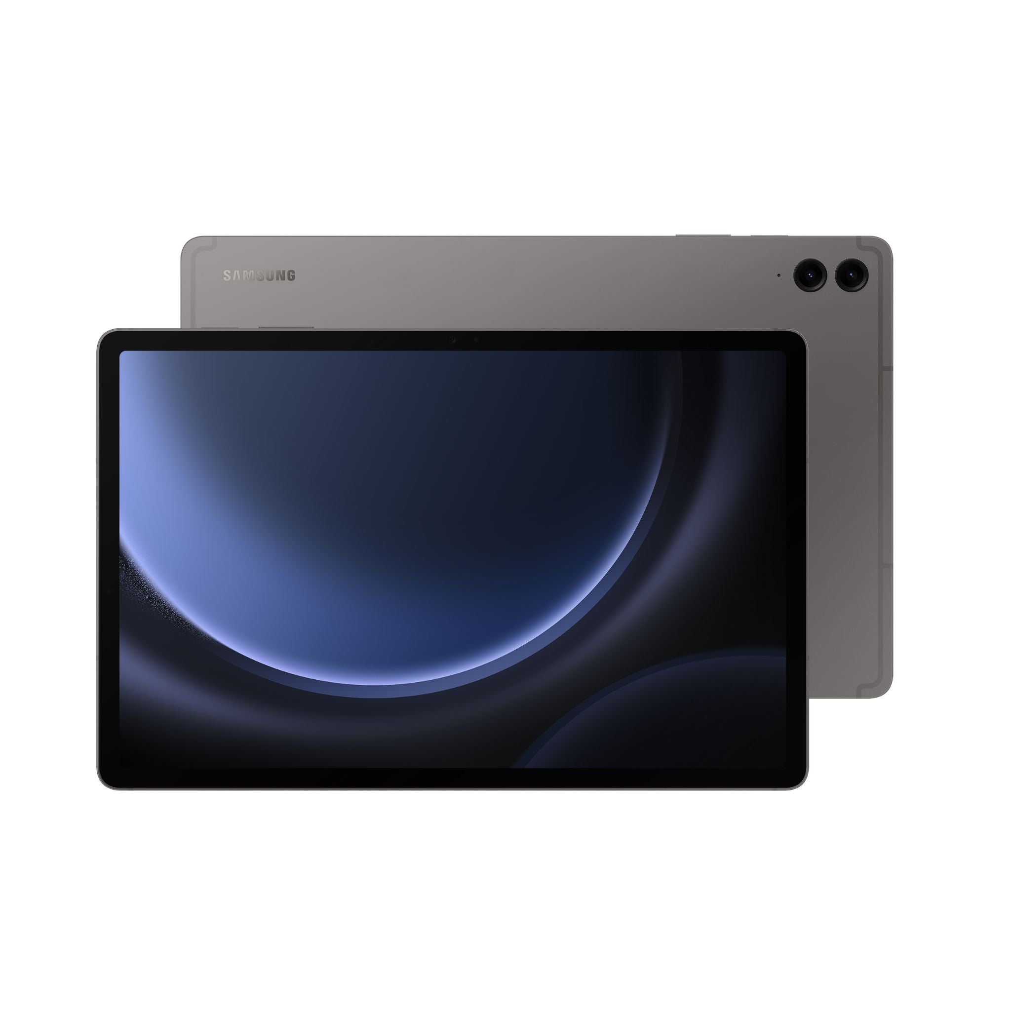 Two tablets, one black and one gray, on a white background