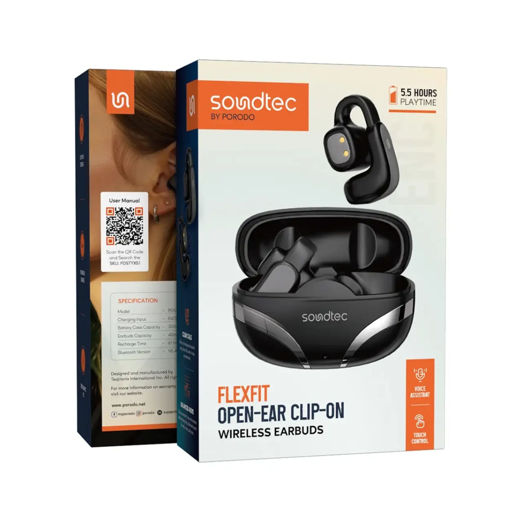 Porodo Soundtec Flexfit Open-Ear Clip-On Wireless Earbuds Bluetooth 5.4, 12mm Drivers, ENC Clear Calls, Touch Control, USB-C Fast Charging, 5.5H Playtime, 10m Range