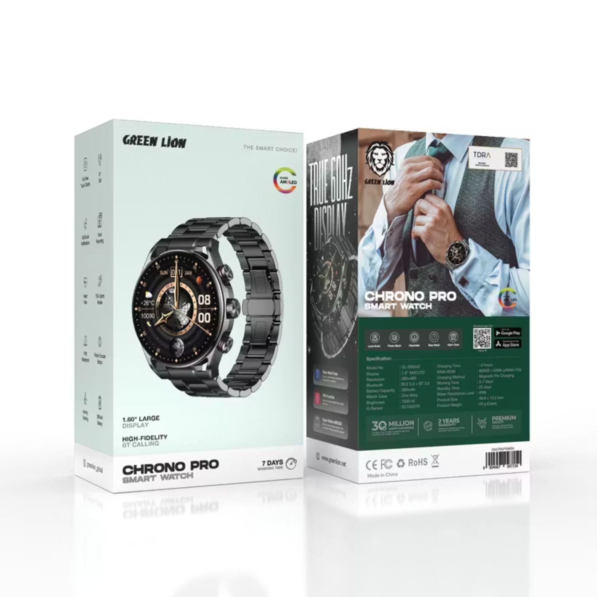 Green Lion Chrono Pro Smart Watch with 1.6" AMOLED Display, 360mAh Battery, Up to 7 Days Working Time, 1000nits Brightness, Activity Tracking, Health Monitoring, Stop Watch & Alarm Clock - Black