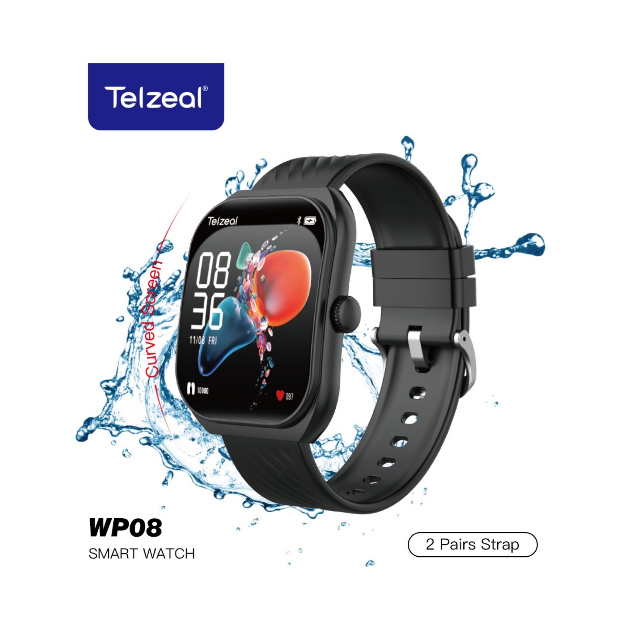 Telzeal WP08 Waterproof Smartwatch with Curved Full-Touch Display, Dual Strap Set (2 Pairs), Stylish & Comfortable Design – Black