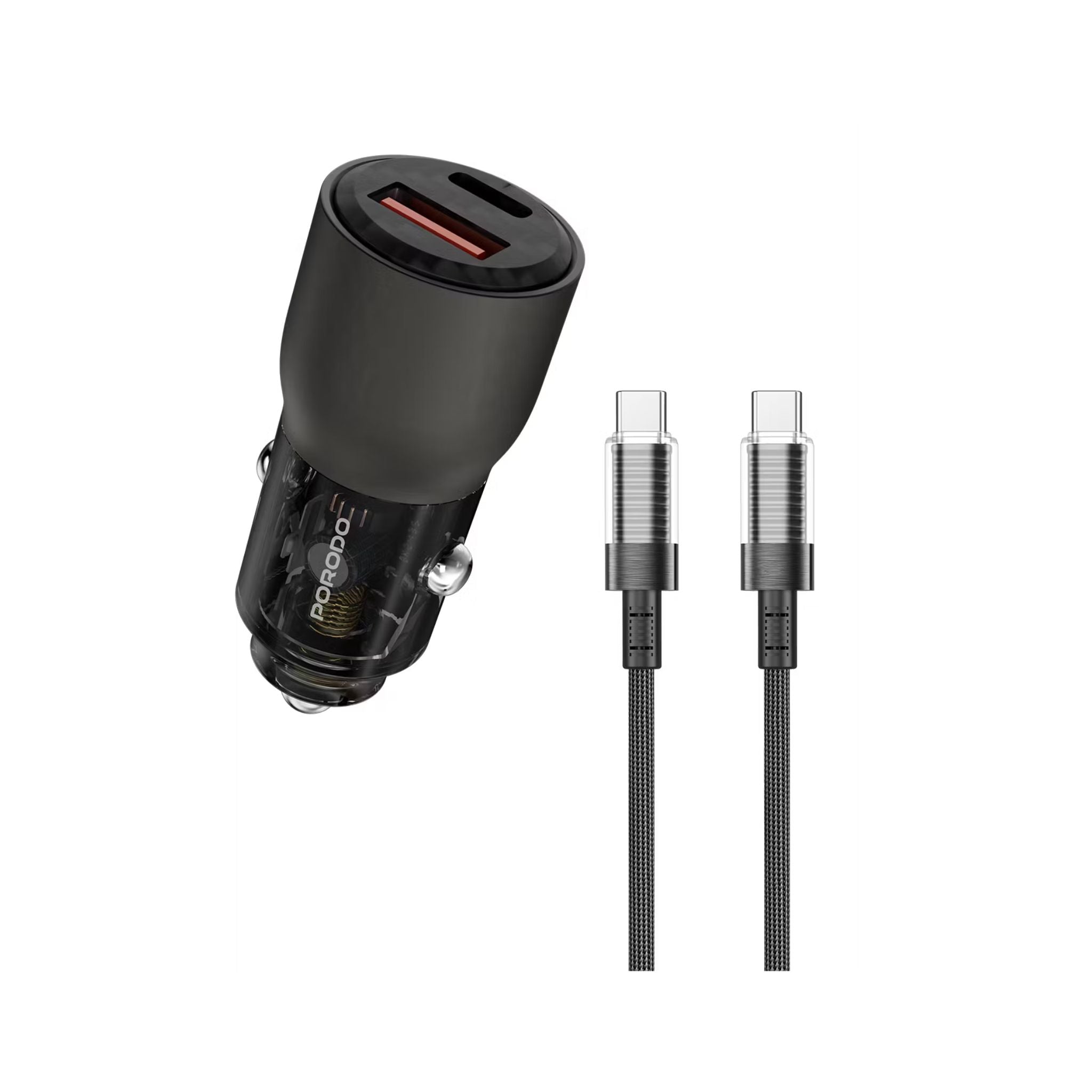 Porodo 95W Transparent Car Charger with 90cm USB-C to USB-C Cable, Zinc Alloy & PC Material, 30W USB-A & 65W USB-C Outputs, Simultaneous Fast Charging, Universal Compatibility - Gray
