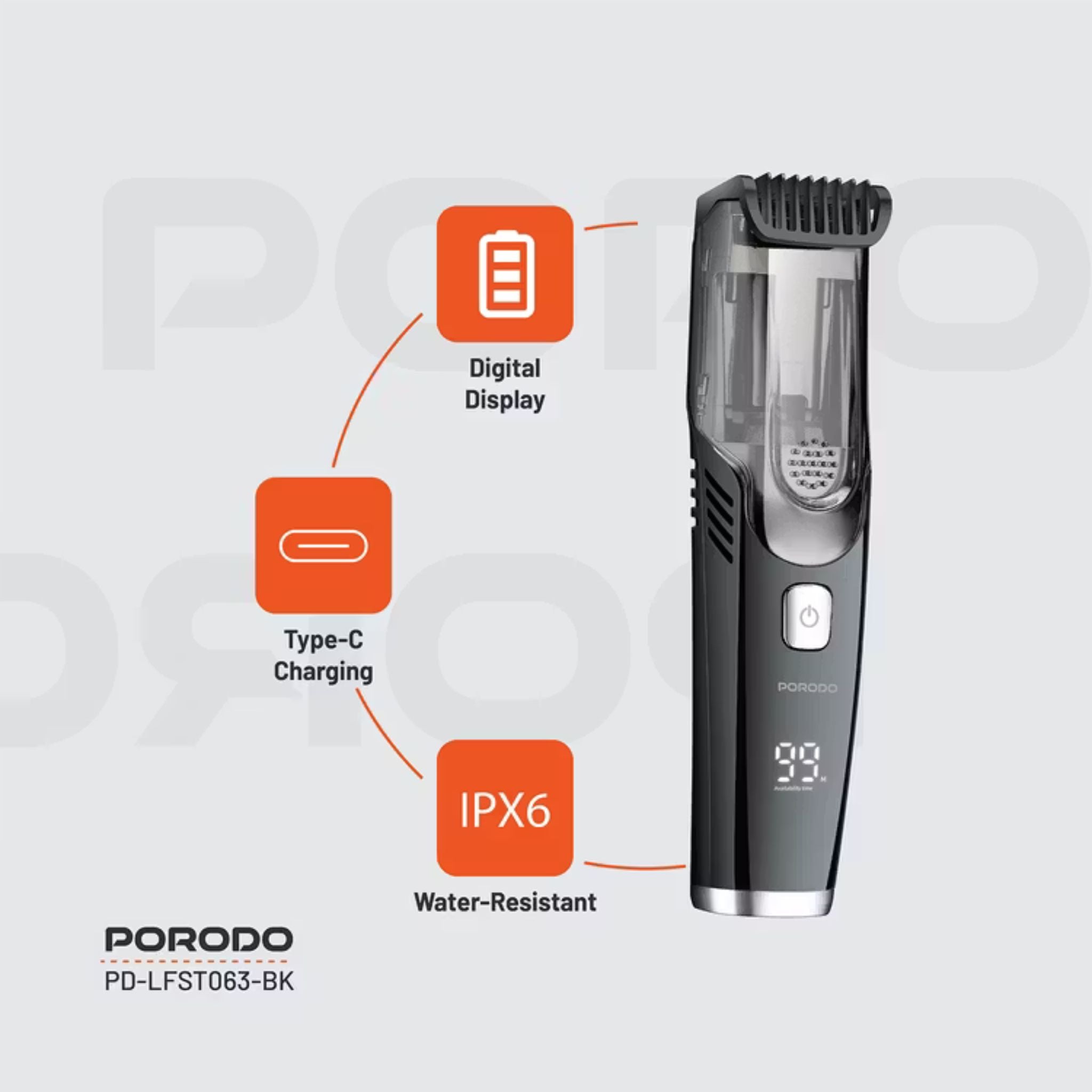 Porodo Air Suction Beard & Body Trimmer, 90 Minutes Working Time , 3 Hours Recharge Time, Type-C Charging Port, Digital Display, Washable, IPX6 Waterproof Rating, 1400mAh Battery - Gray / Black
