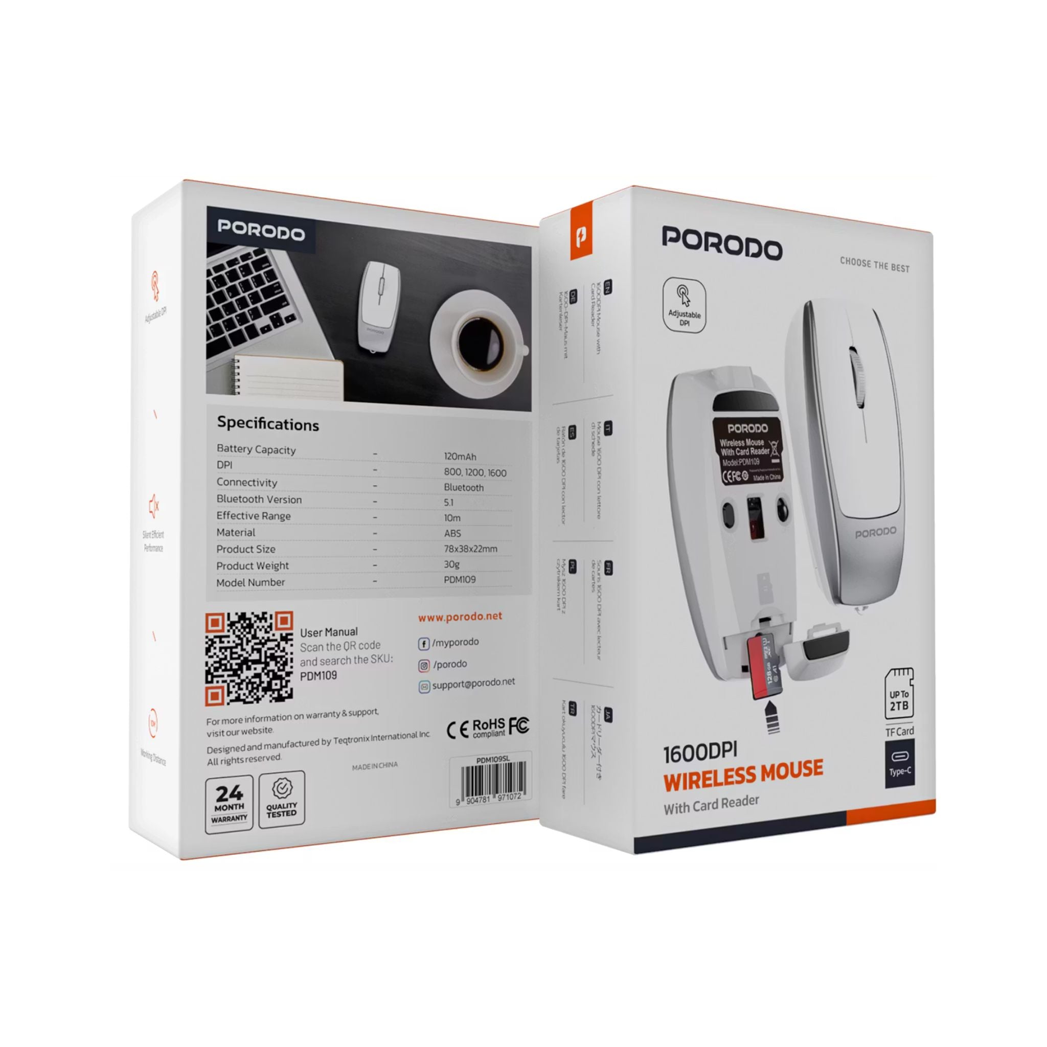 Porodo 1600DPI Wireless Mouse with Card Reader, 120mAh Battery, ABS Material, Bluetooth Version 5.1, 10m Working Distance, Silent Efficient Performance, Plug & Play - Silver