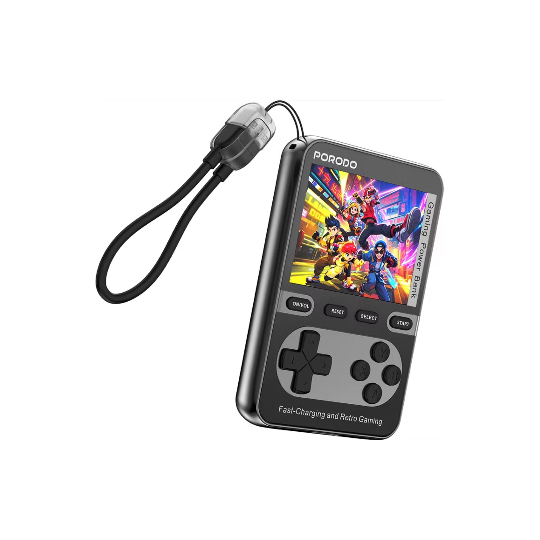 Porodo Arcadevolt 10000mAh MagSafe Power Bank with Built-in Console, +100 Classic Games, PD 20W, 2.8" HD Display, Type-C Lanyard Cable - Black