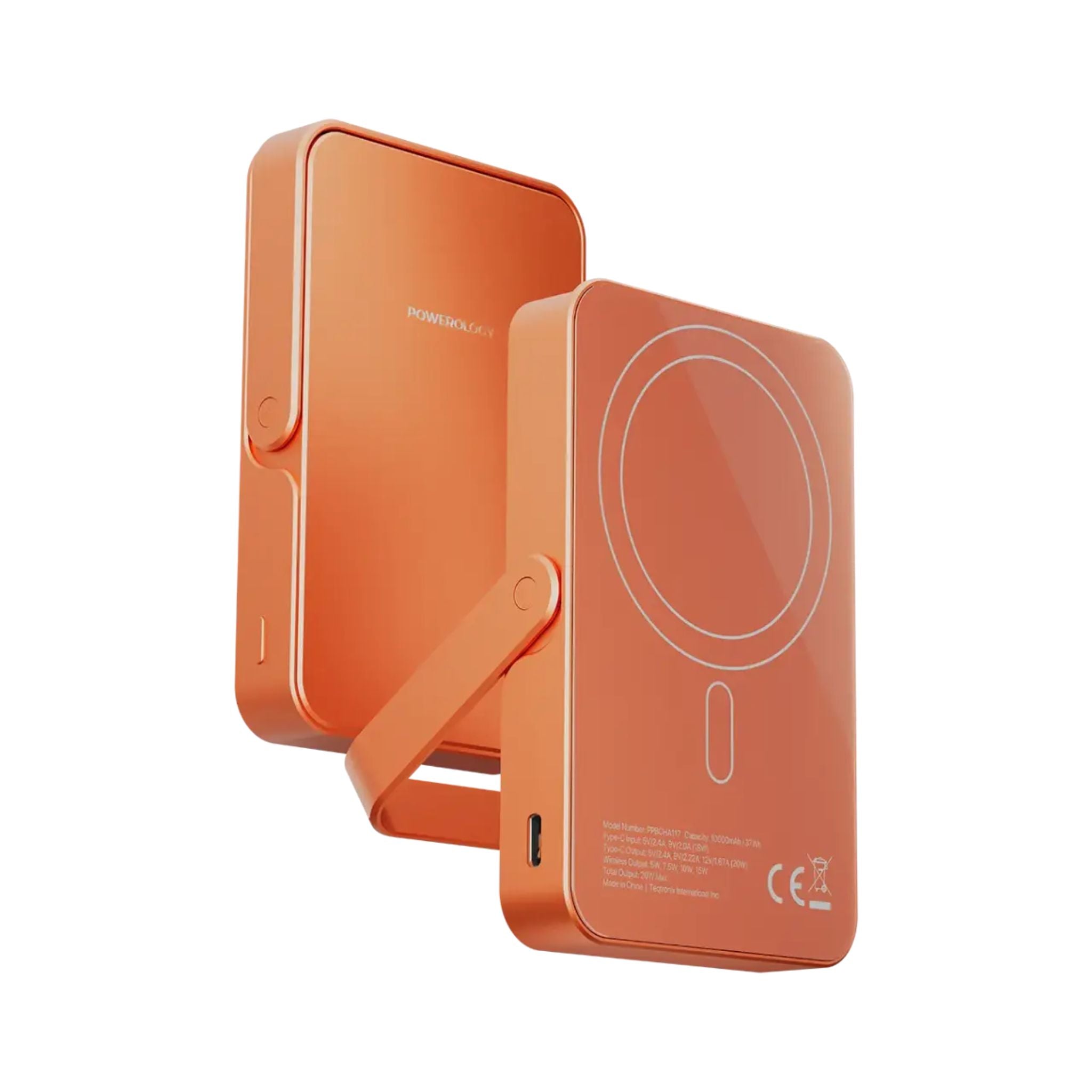 Powerology 10000mAh Magsafe Glass Surface Power Bank with Compact Design, Type-C & Wireless output, Integrated Stand, Aluminum Material, 20W Power Delivery, Cable-Free - Orange