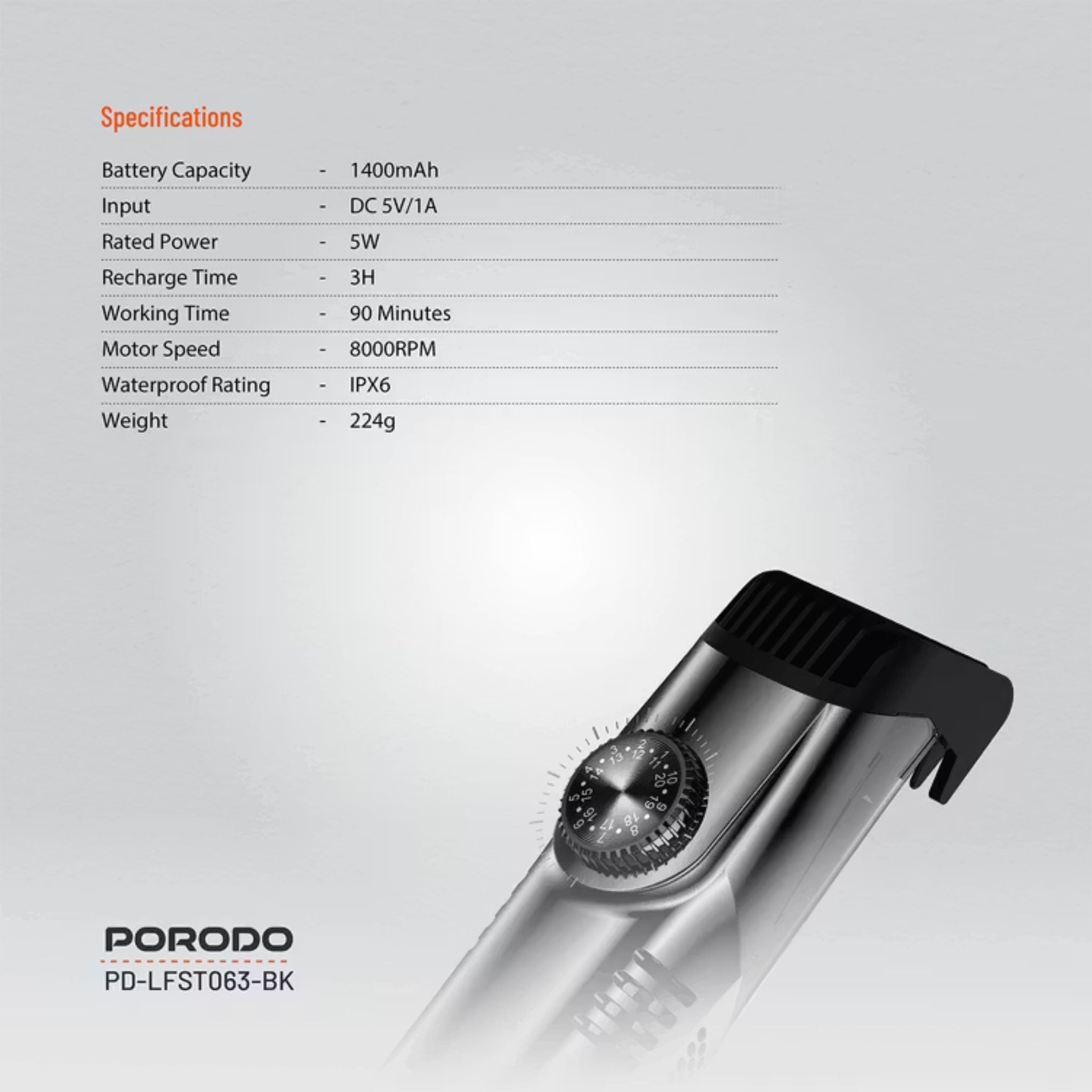 Porodo Air Suction Beard & Body Trimmer, 90 Minutes Working Time , 3 Hours Recharge Time, Type-C Charging Port, Digital Display, Washable, IPX6 Waterproof Rating, 1400mAh Battery - Gray / Black
