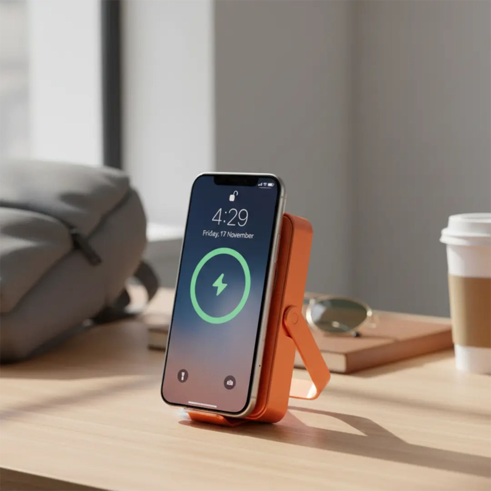 Powerology 10000mAh Magsafe Glass Surface Power Bank with Compact Design, Type-C & Wireless output, Integrated Stand, Aluminum Material, 20W Power Delivery, Cable-Free - Orange