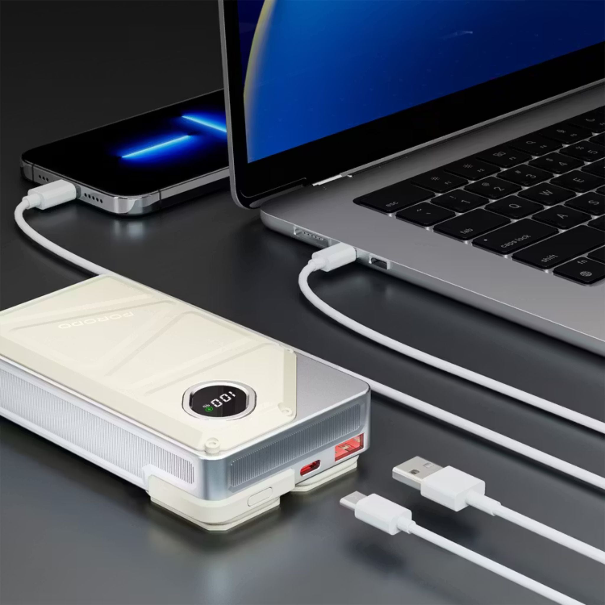Porodo Power Bank 2x Type-C, 20000mAh, 2.4A Lightning, 22.5W USB-A Output, PD 20W, Digital Display, Simultaneous Charging - White