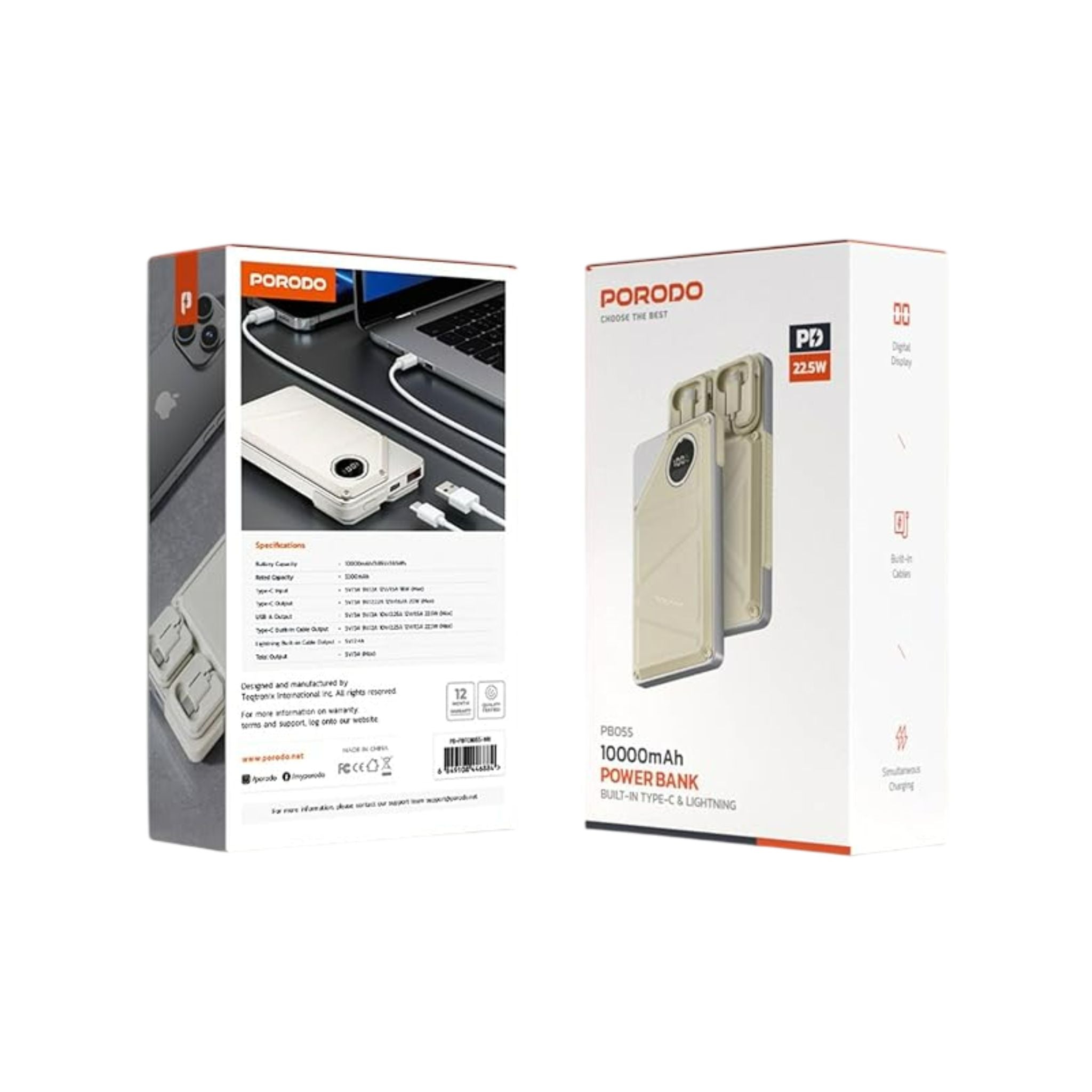Porodo Power Bank 2x Type-C, 20000mAh, 2.4A Lightning, 22.5W USB-A Output, PD 20W, Digital Display, Simultaneous Charging - White