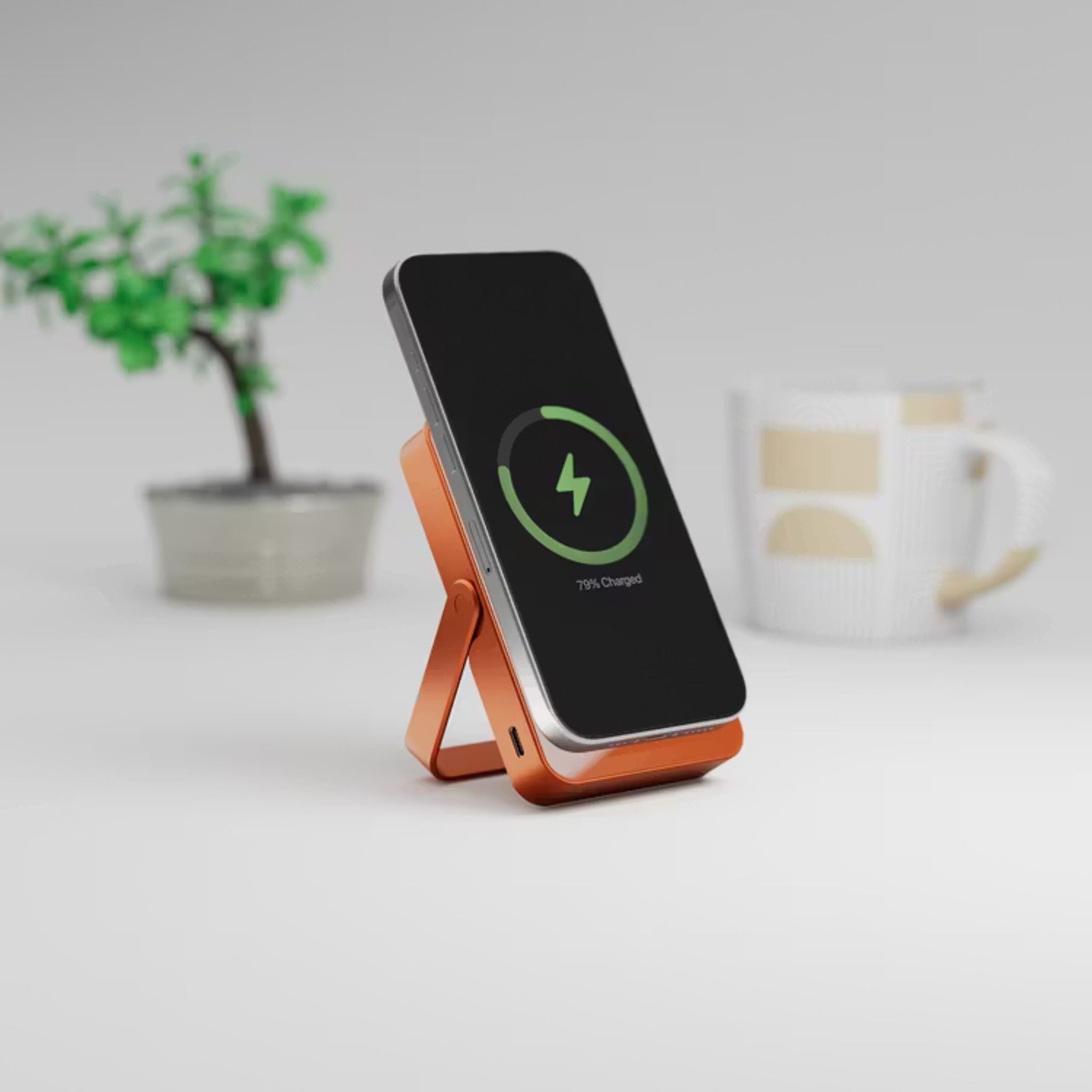 Powerology 10000mAh Magsafe Glass Surface Power Bank with Compact Design, Type-C & Wireless output, Integrated Stand, Aluminum Material, 20W Power Delivery, Cable-Free - Orange