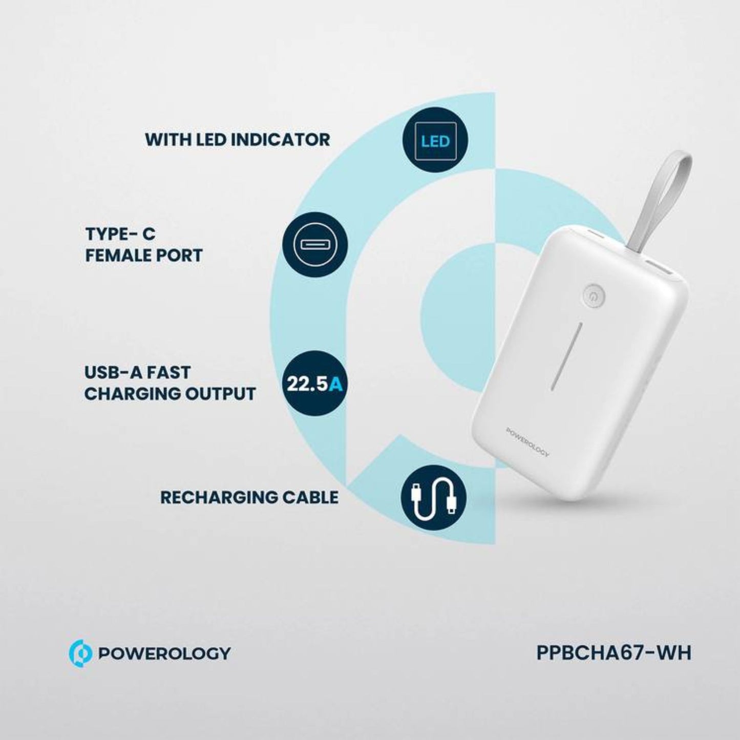 Powerology 20000mAh Power Bank with Detachable USB-C Wire, 30W Power Delivery, 3-Device Charging, Long Time Standby, Universal Phone Compatibility, Built-in Safeguards - White