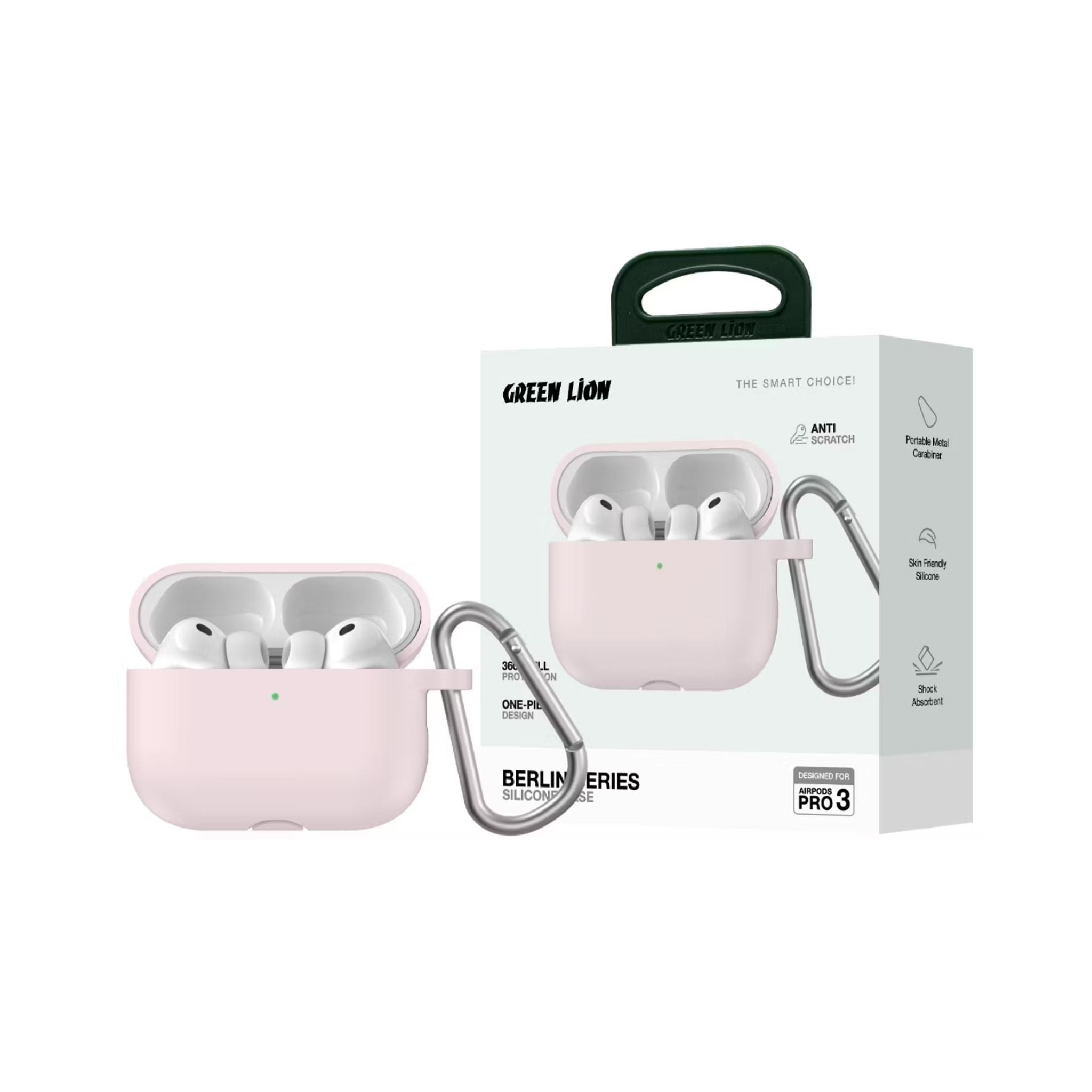 Green Lion Berlin Series Silicone Case for AirPods Pro 3 with Portable Metal Carabiner, 360° Full Protection, Seamless Fit, Skin-Friendly Touch, One-Piece Design, Anti-Scratch, Shockproof - Pink