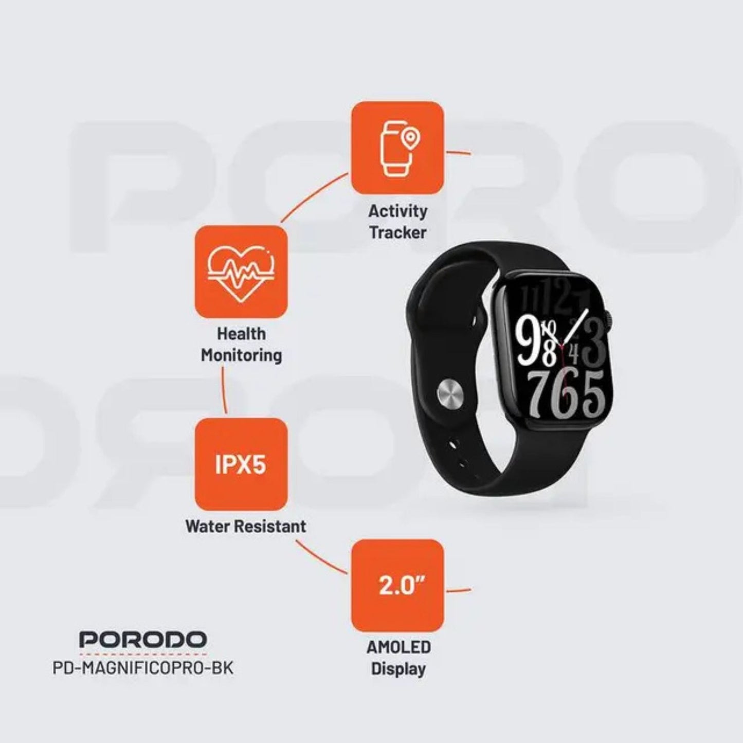 Porodo MagnificoPro Smart Watch with Dual Straps,Up to 5 Days of Working Time,Activity Tracker & Health Monitoring, Apps Notification, Camera Shutter, Voice Assistant, Multiple Sports Mode - Black